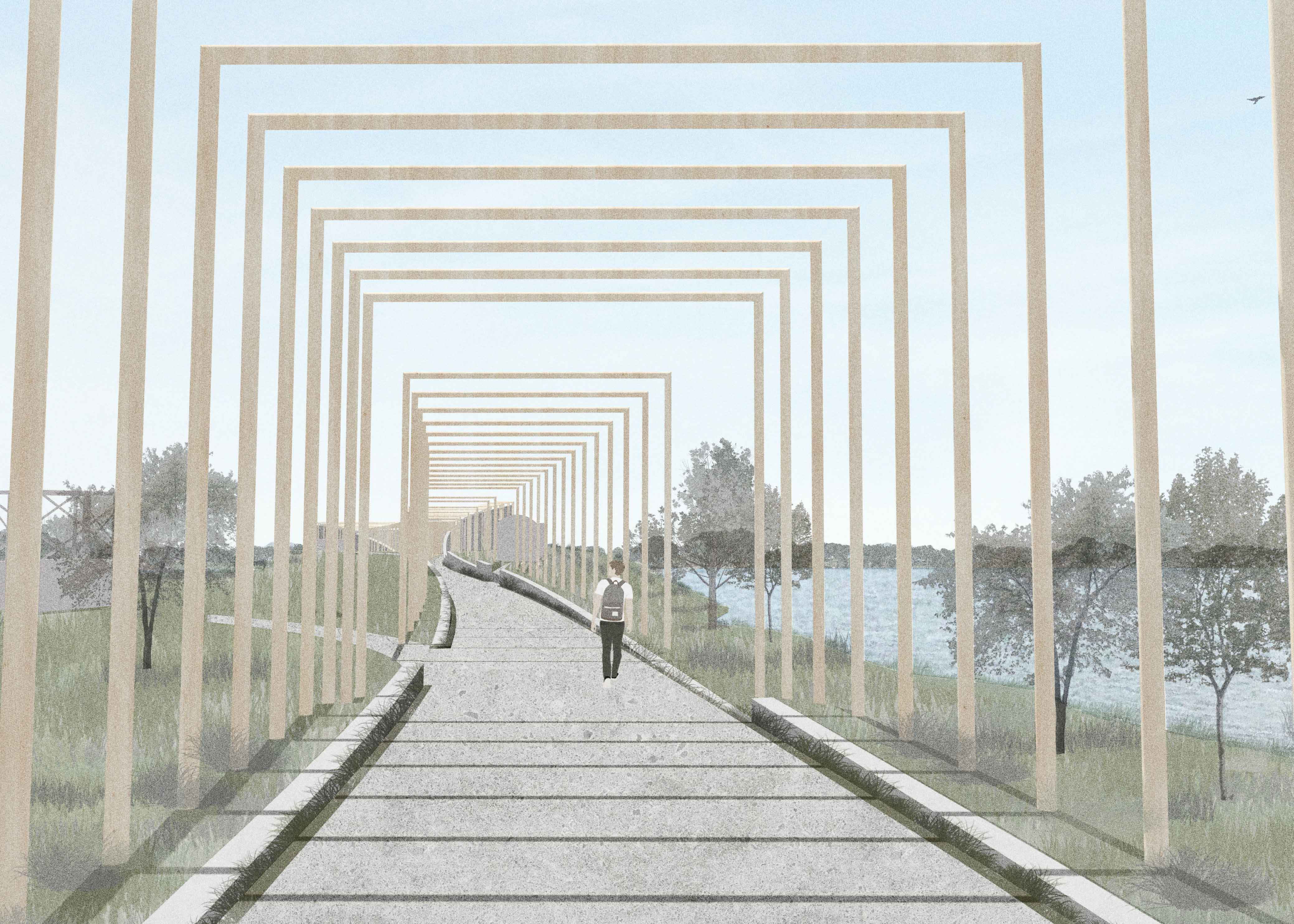 ARCH 2021/6021 Fall 2021 outdoor walkway rendering by a body of water