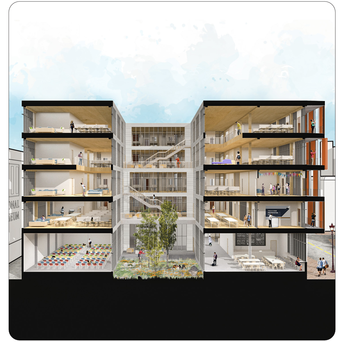 Alex Langley and Sam Spencer's Thesis Project building site section perspective