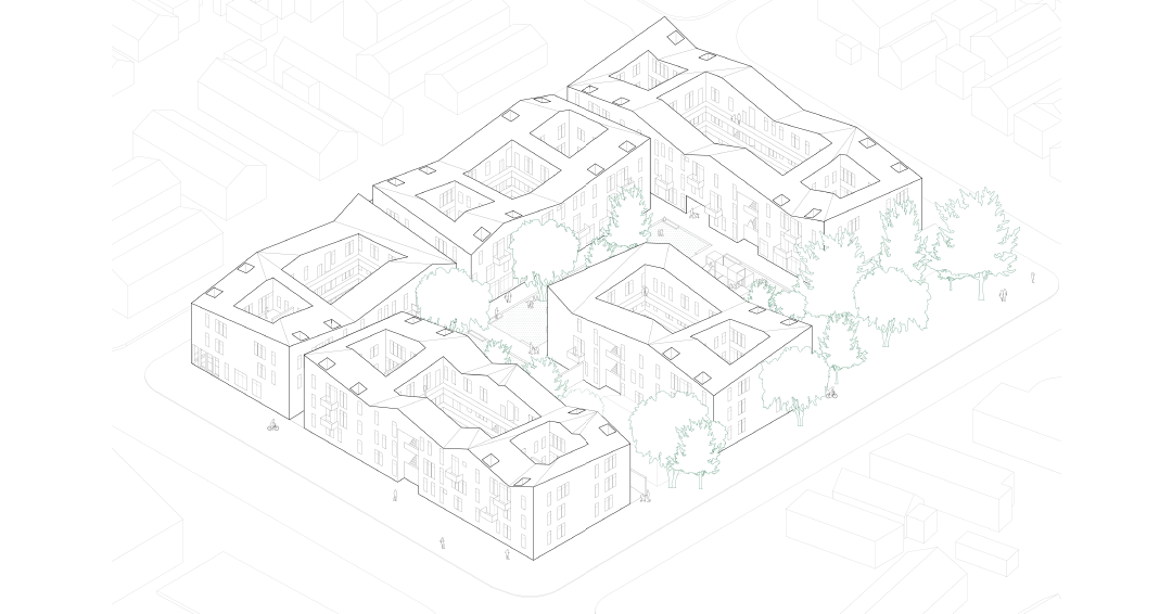 ARCH 2022/6022 Spring 2022 student work: axonometric view of buildings