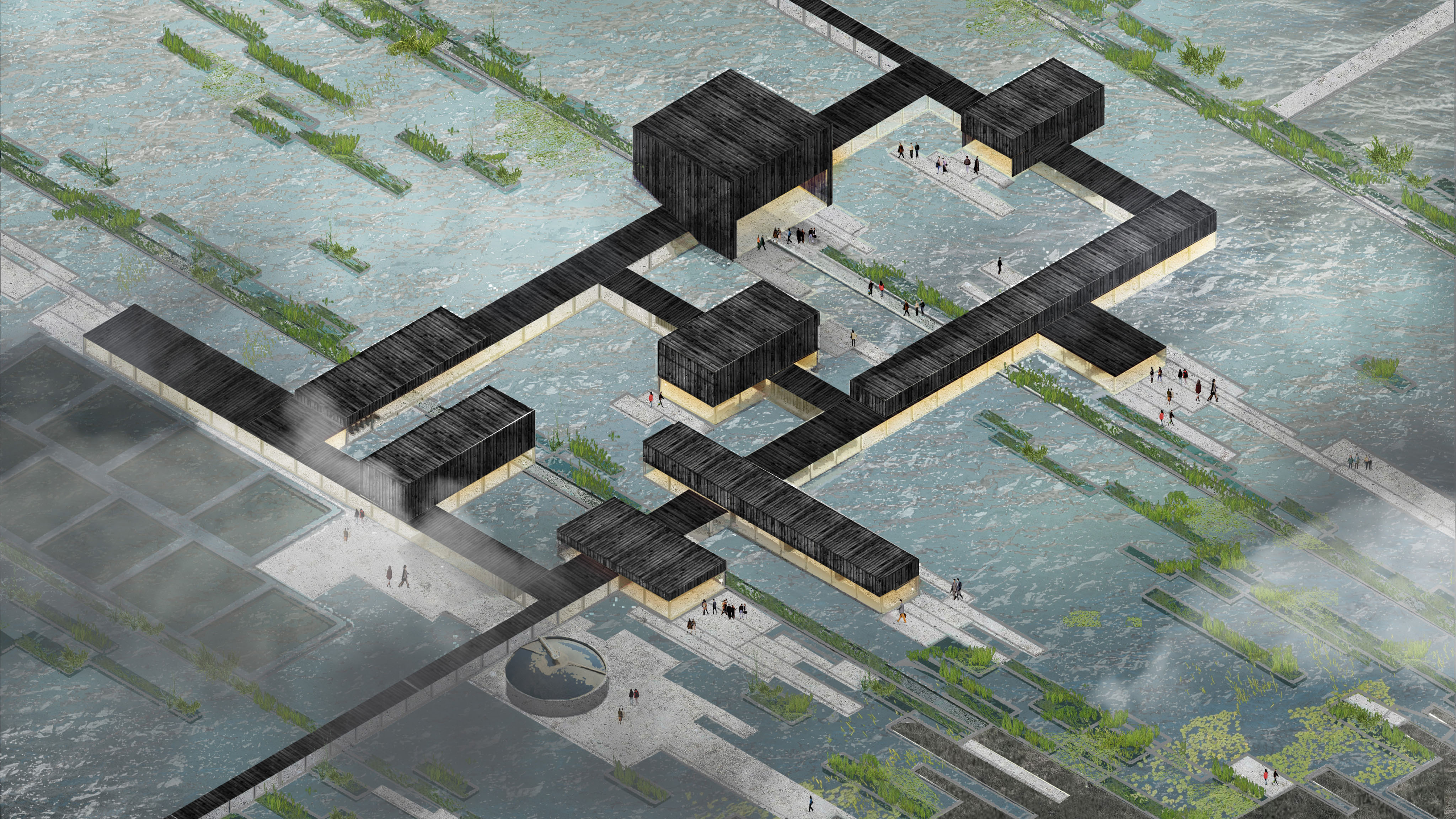 Digital axonometric aerial perspective of a proposed educational site situated in a large water landscape with multiple rectangular buildings connected by long walkways or paths.