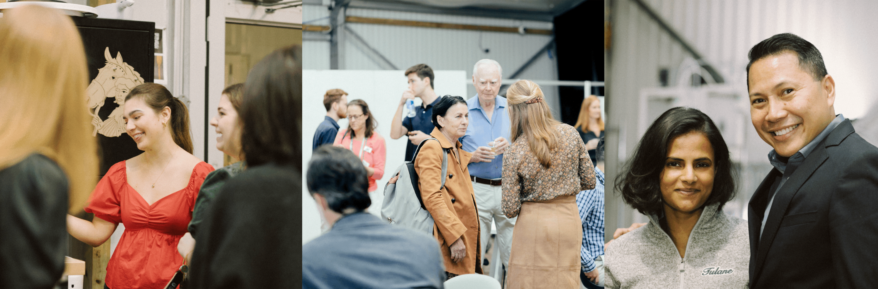 Composite of three photos of students, faculty, and alumni mingling, smiling, and talking at a social gathering.