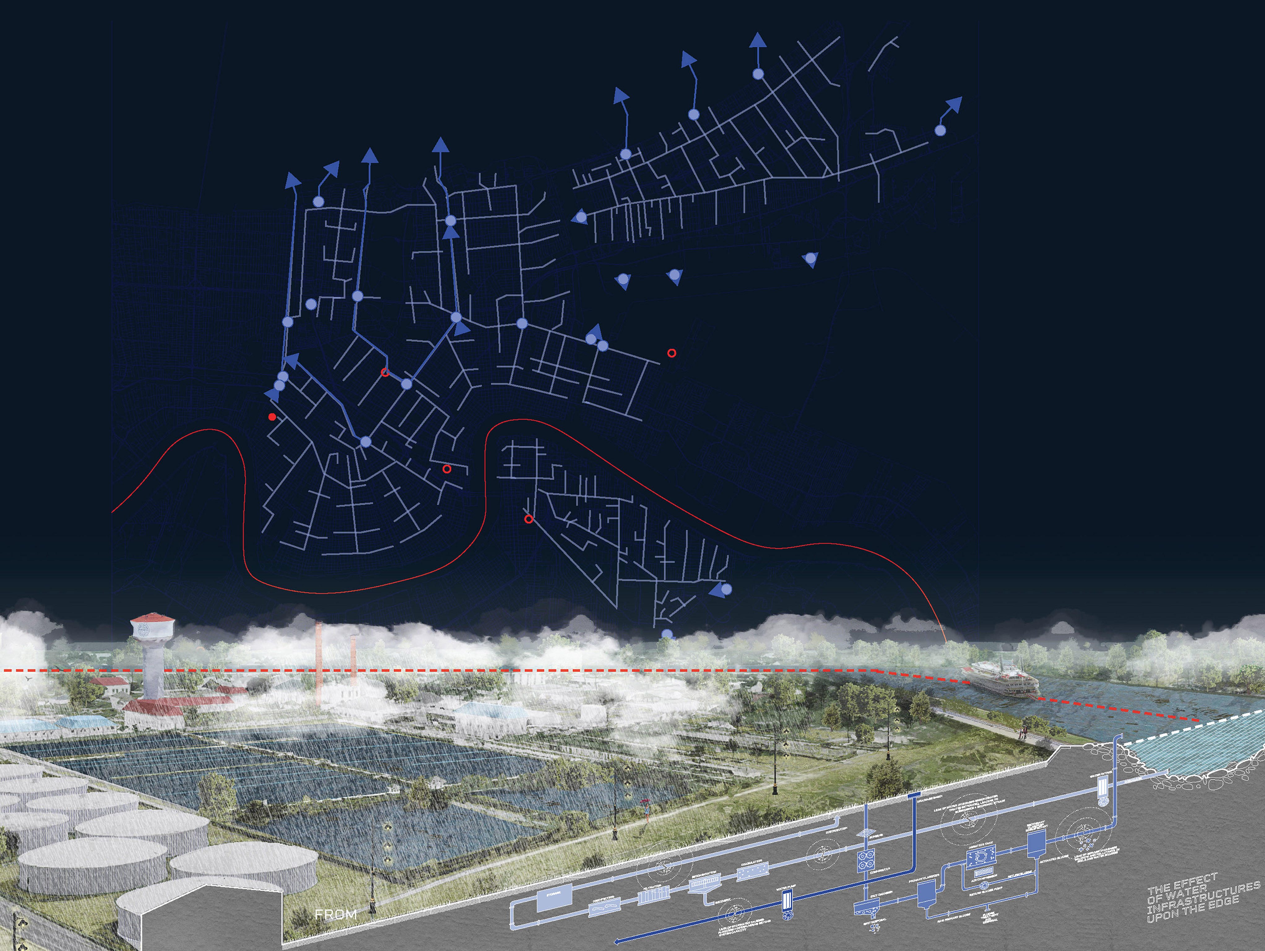 Collage, top showing a New Orleans city map with drainage directional outflow indicated and on the bottom a sectional drawing of underground water management systems next to the Mississippi River.