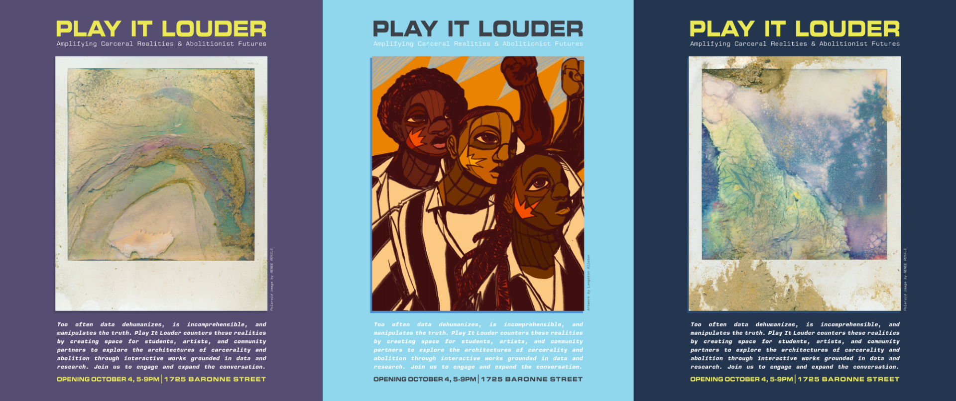 Triptych of three works of art from the exhibition Play It Louder.