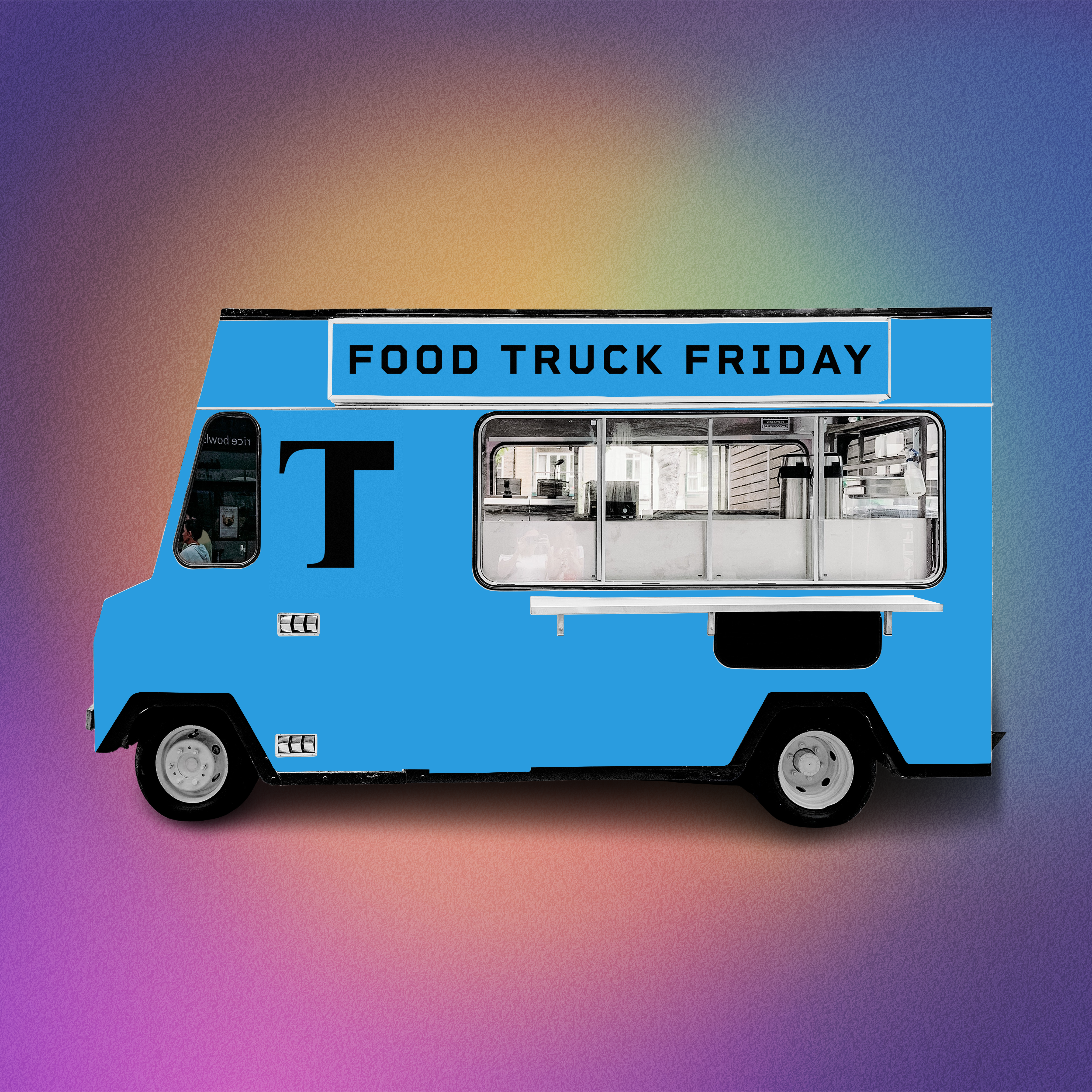 Digital drawing of a food truck with TuSA's signature "T" logo on the side and the words "Food Truck Friday" on the side.