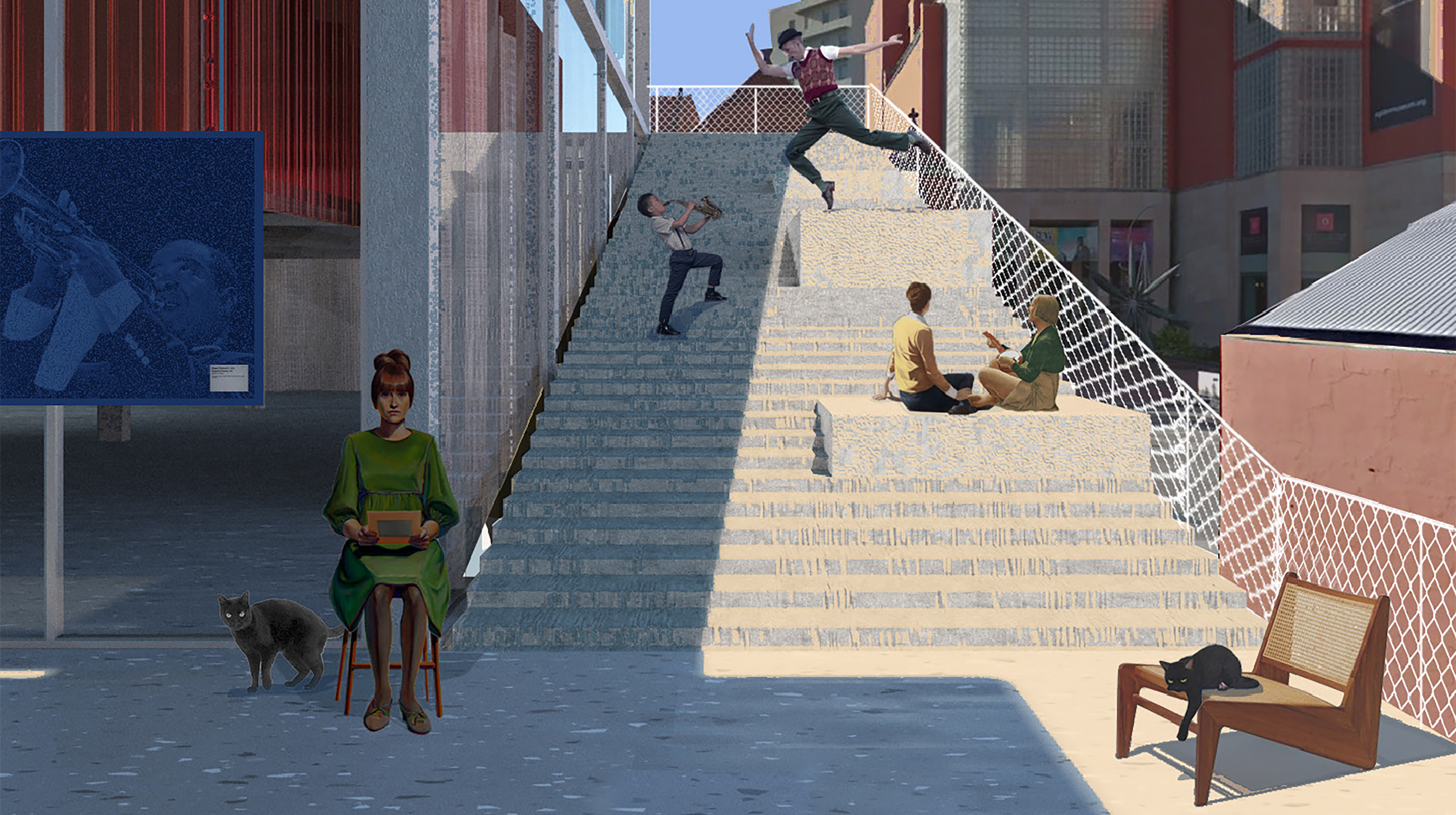 Digital perspective drawing of a tall and wide exterior staircase with people sitting on the steps and two performers entertaining them.