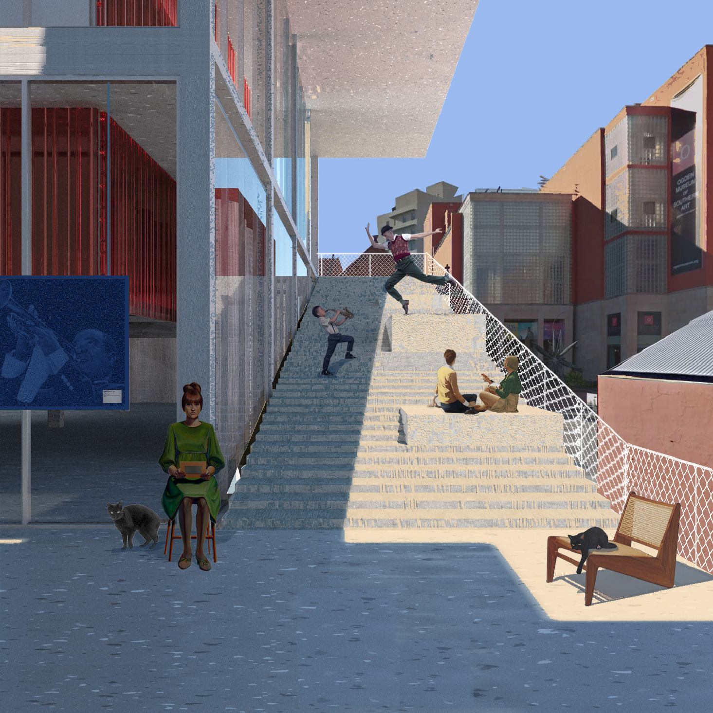 Digital perspective drawing of a tall and wide exterior staircase with people sitting on the steps and two performers entertaining them.