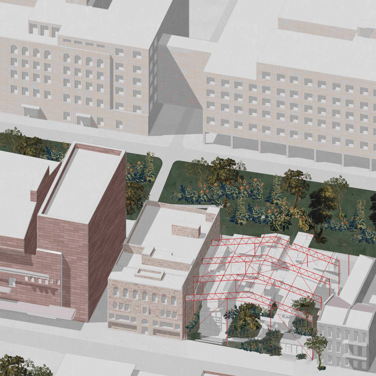 Axonometric aerial drawing of a commercial street with multi-story buildings, one with exposed beams and scaffolding on the exterior.
