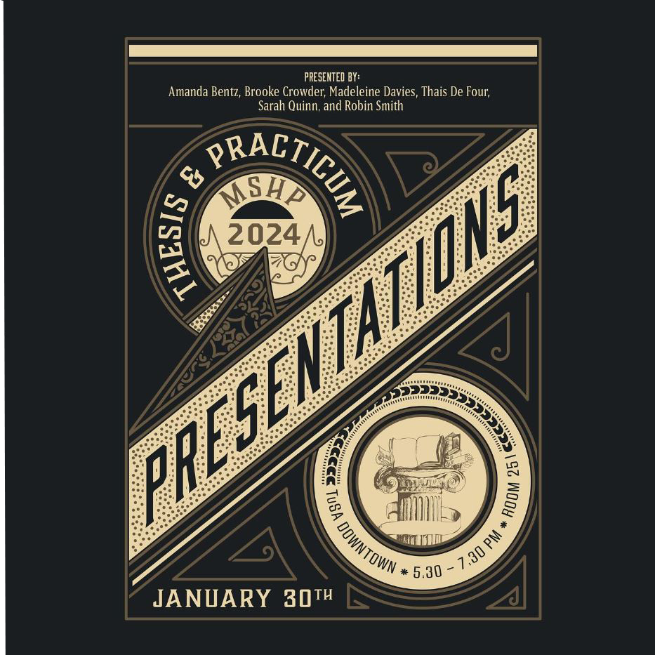 Black background with digital book cover announcing thesis and practicum presentations