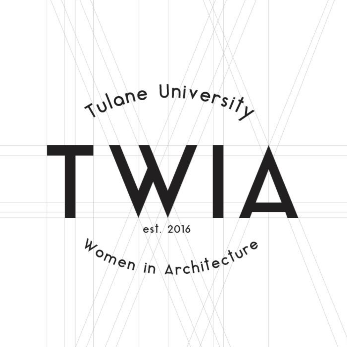 White background with faint lines with TWIA and Tulane University Women in Architecture logo in black
