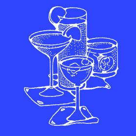 Blue background with white graphic of different glassware and drinks