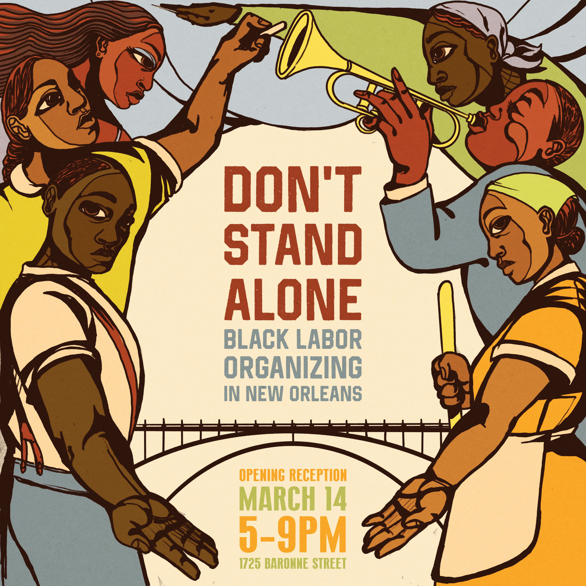 Don't Stand Alone exhibit invitation with drawings of Black people playing instruments and presenting the invitation