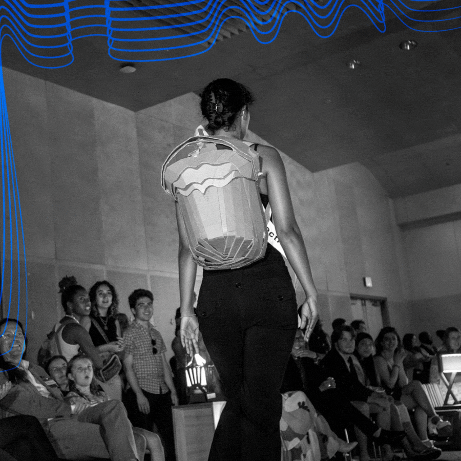 slideshow of 5 photos of students on the runaway and showing their designs at the 2023 design showcase and fashion show.