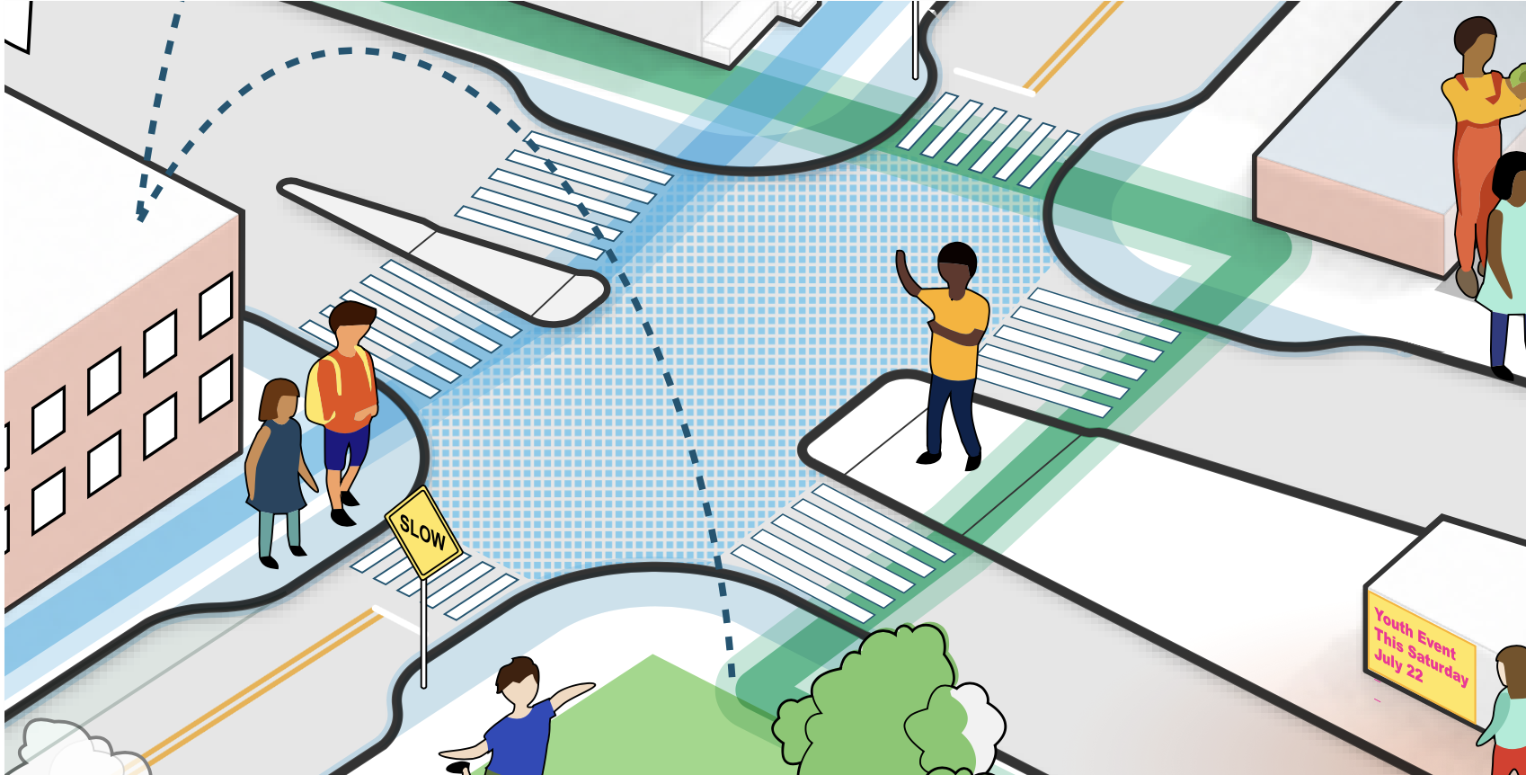 illustration for creating safe routes, streets, and a walkable New Orleans