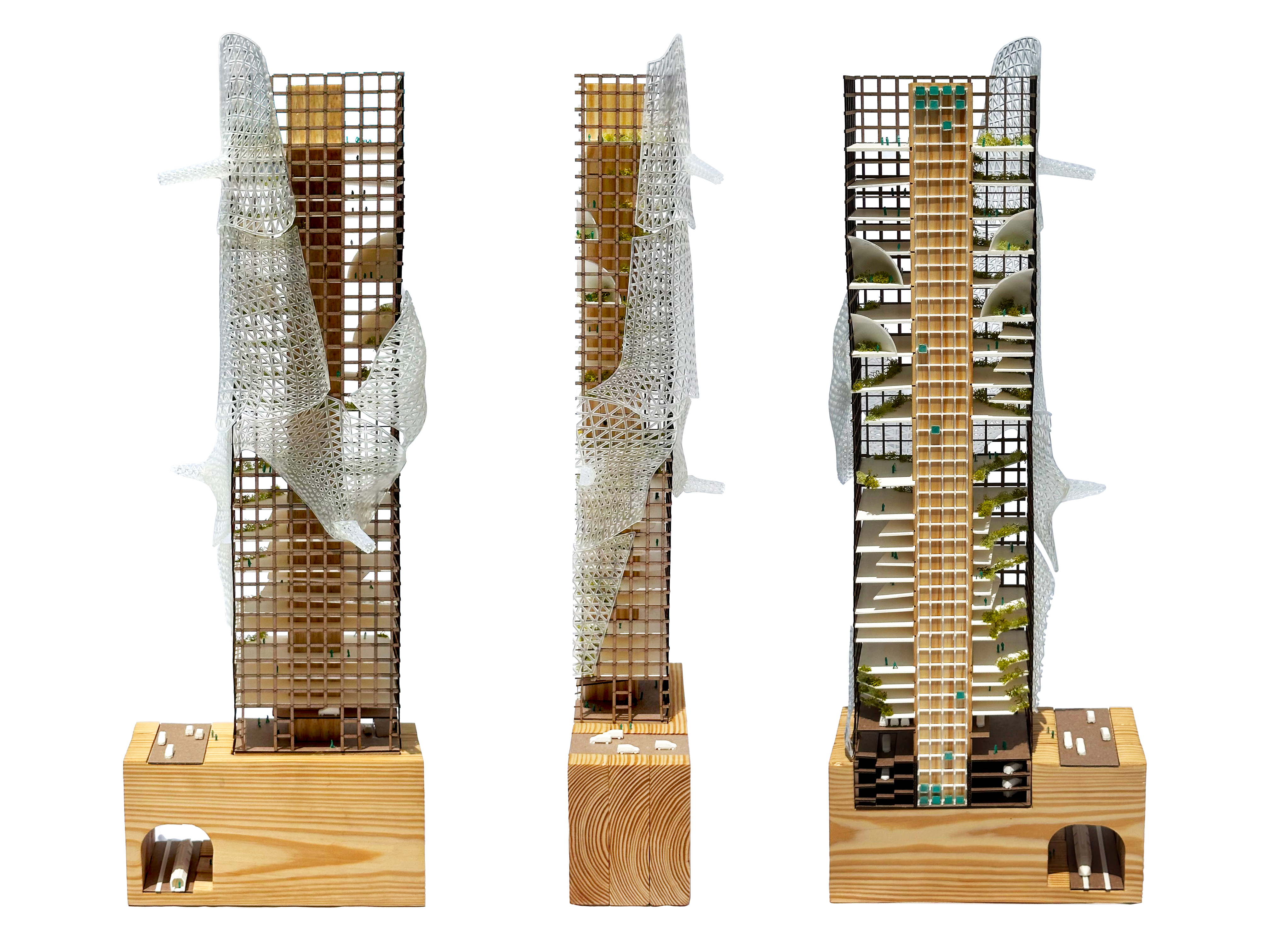 photo showing a model of a high-rise building from three angles