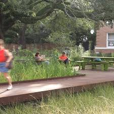 garden with the bridge walkway through it and green benches