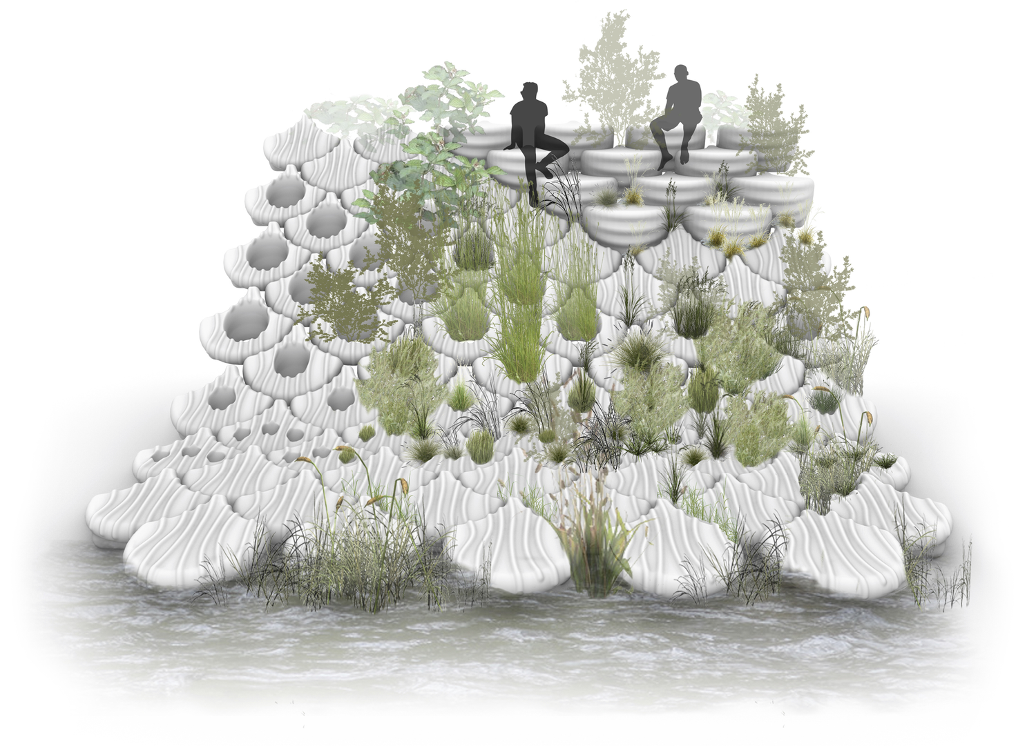 public seating in the form of sediment and rocks towered high