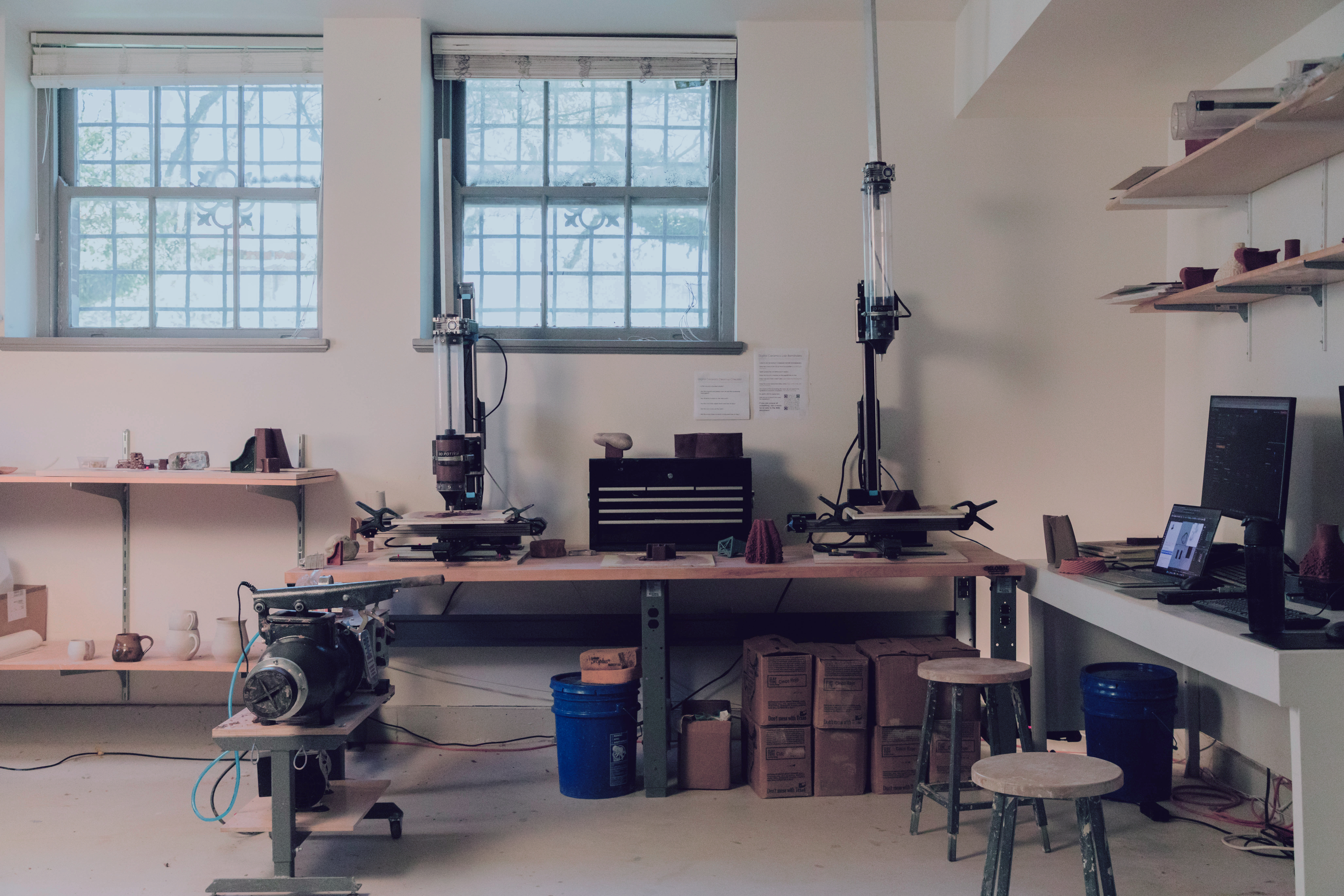 Digital Ceramics Lab machines on top of work table