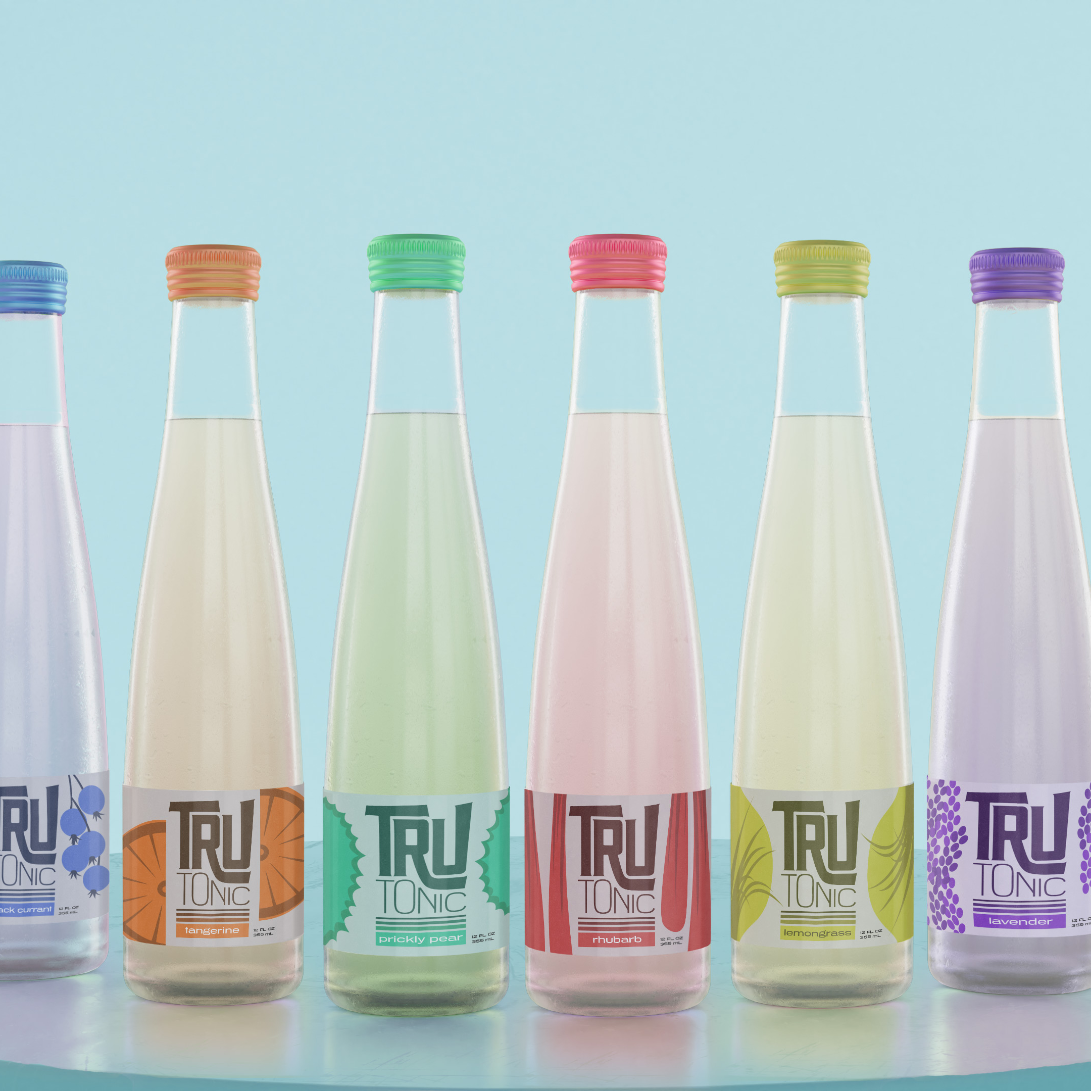 picture of bottles with tru tonic branding in different colors