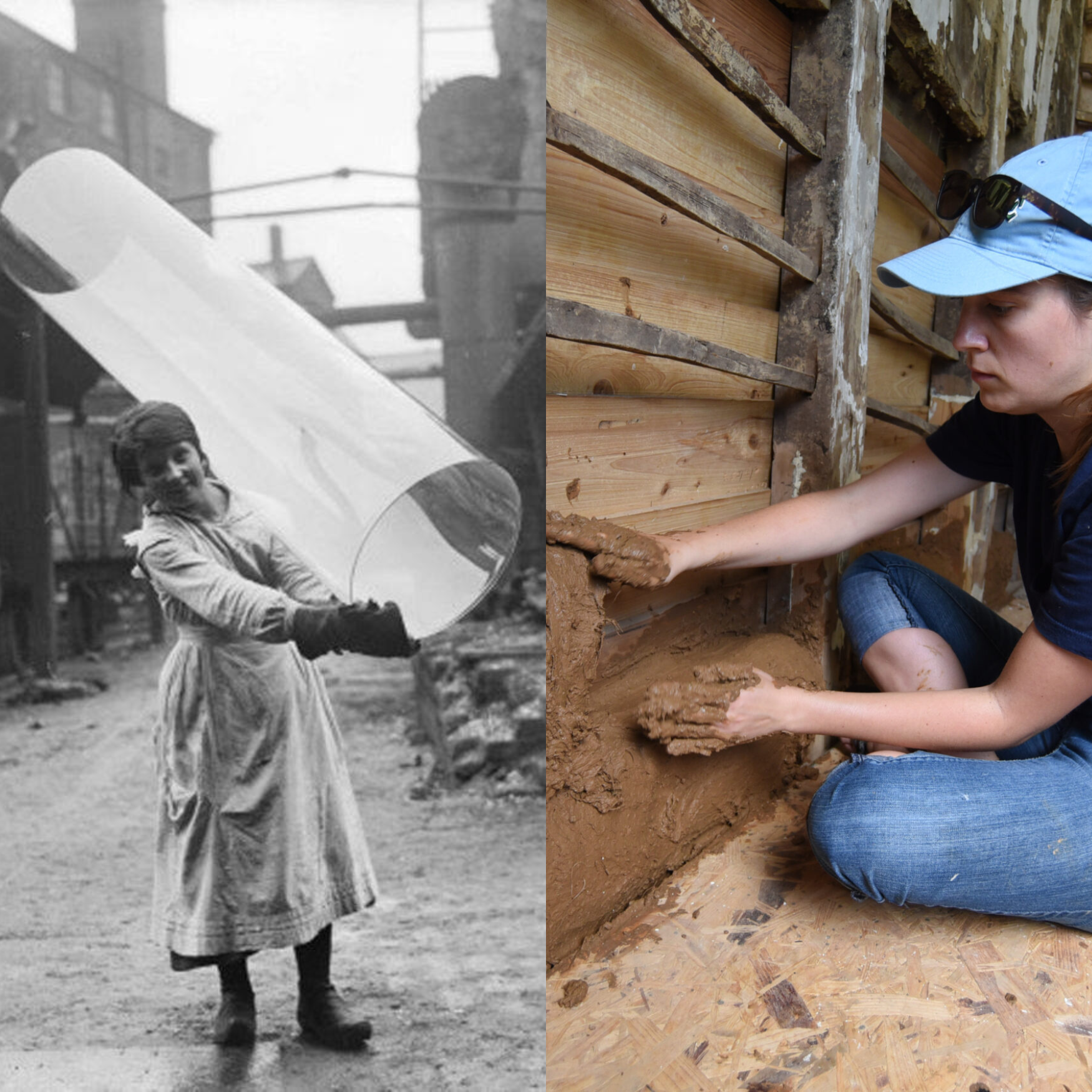 A historic, archival photo of tradeswoman carrying a large glass cylinder and a modern photo of a woman sitting on the floor of a gutted building, applying a bousillage mix to a wall. 