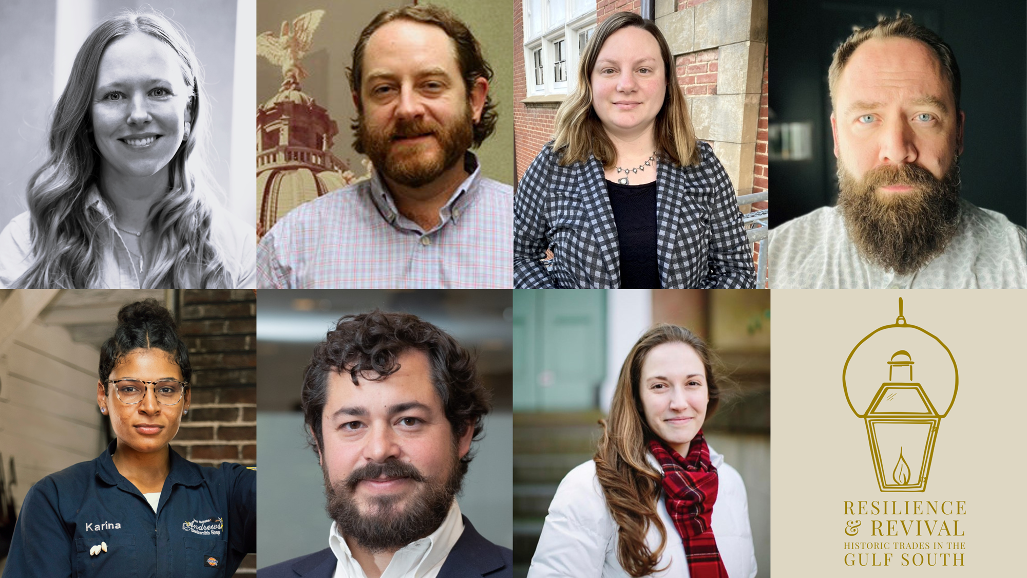 Composite of headshots of Meredith Massey, Barry White, Mary Bindras, Nicholas Conner, Karina Roca, Alejandro Garcia, Christina Butler, with the event's logo of a gas lantern with the words "Resilience and Revival."