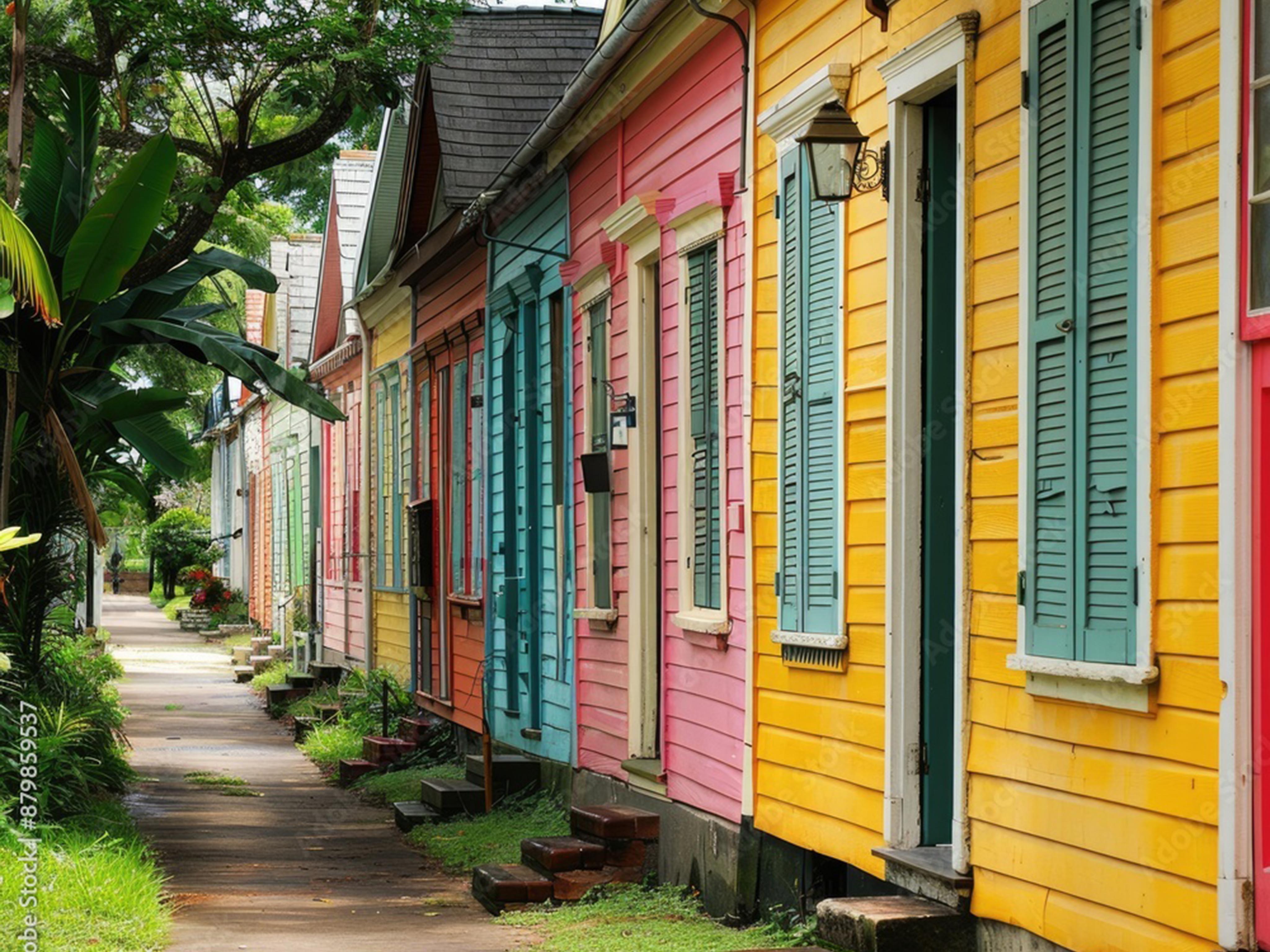 angle street-level view of row of shotgun homes.