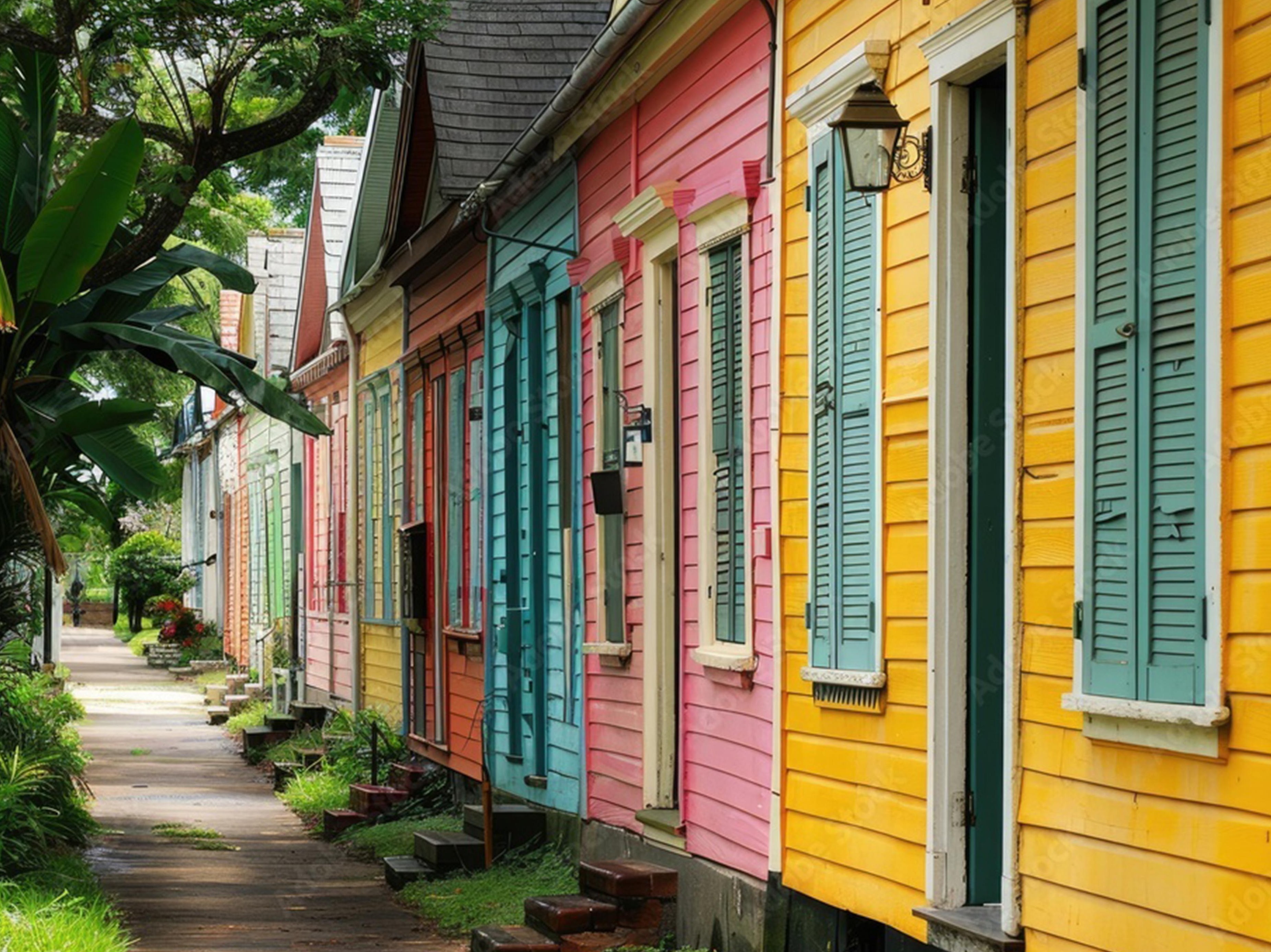 angle street-level view of row of shotgun homes.