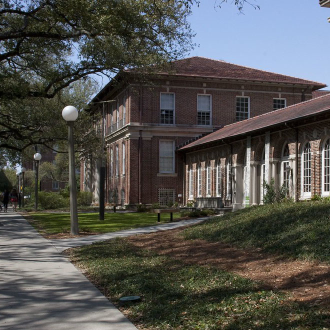 Exterior, corner view of the Woldenberg Art Center building on Tulane's Uptown Campus.