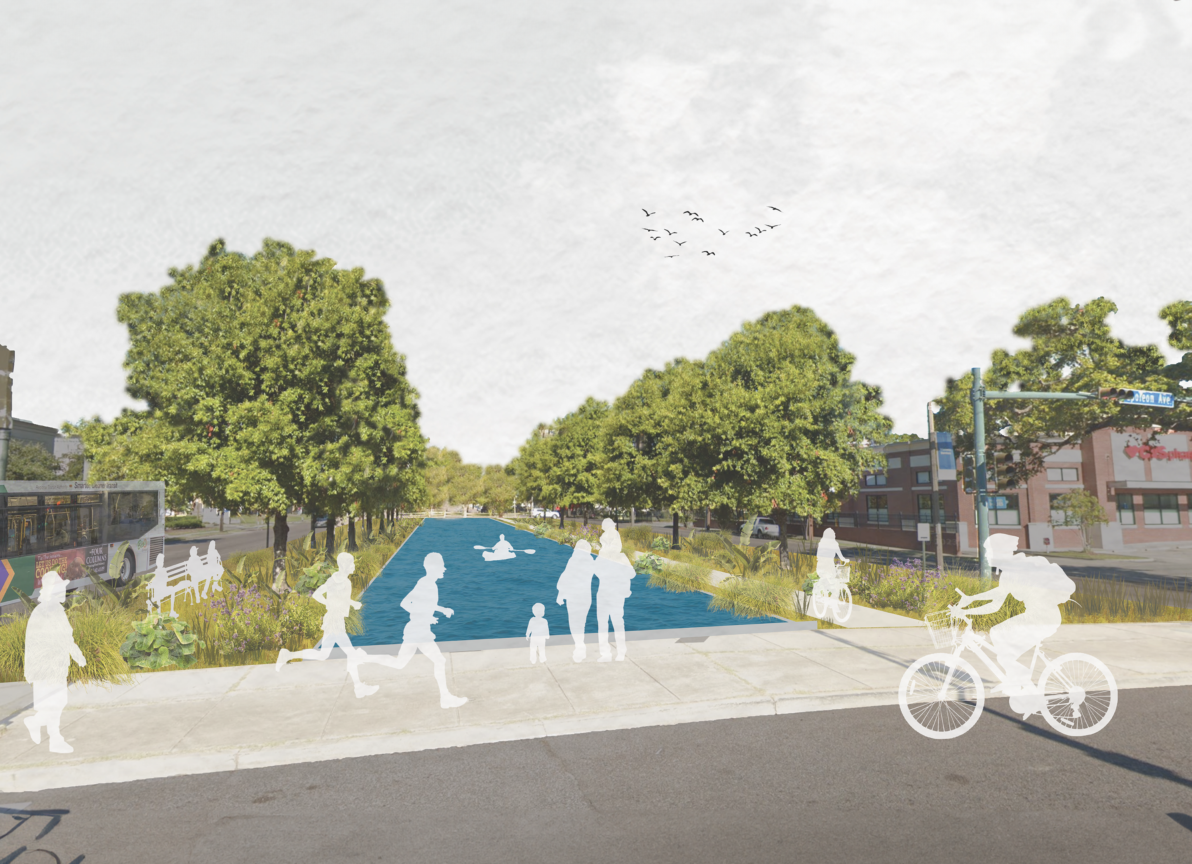 Digital perspective drawing of a street intersection with a bayou and trail in the middle of one of the boulevards and people walking, biking, canoeing, running, sitting alongside the waterway.