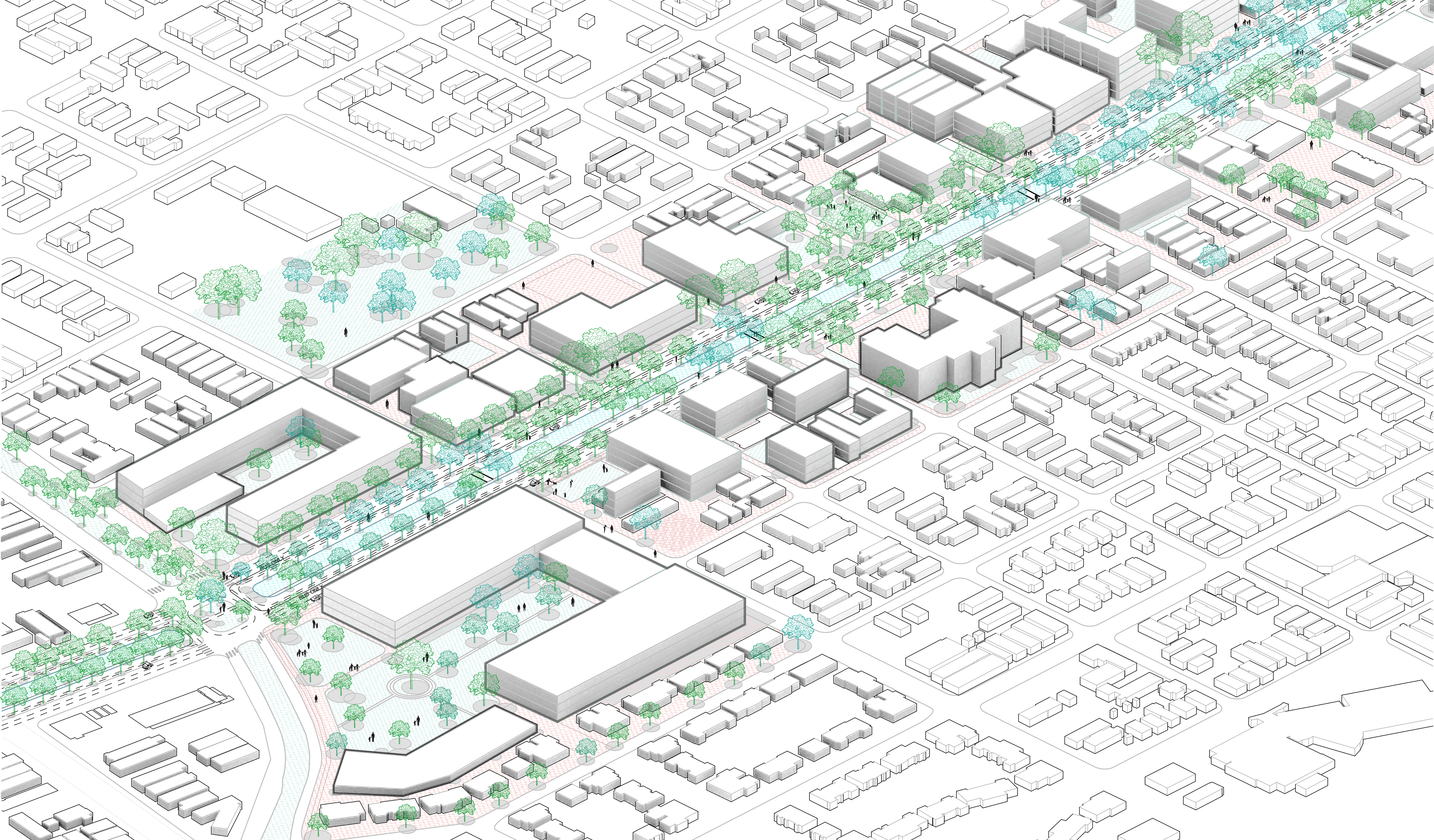 Aerial axonometric perspective of a streetscape with drainage, vegetation, etc. incorporated.