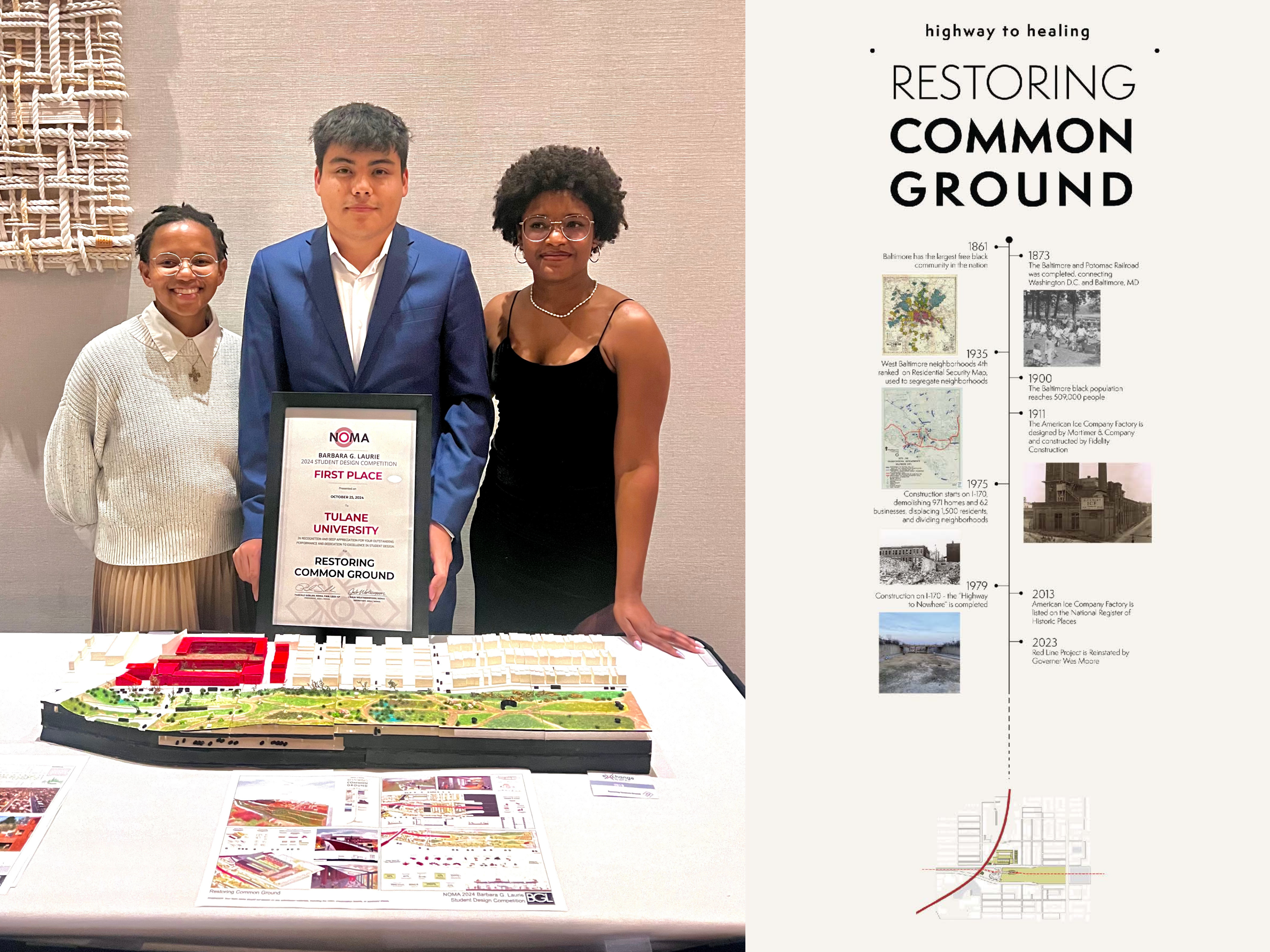 Two images side-by-side: three students stand behind a table with their award placard and their model on the table; a diagram from the students' design "Restoring Common Ground."