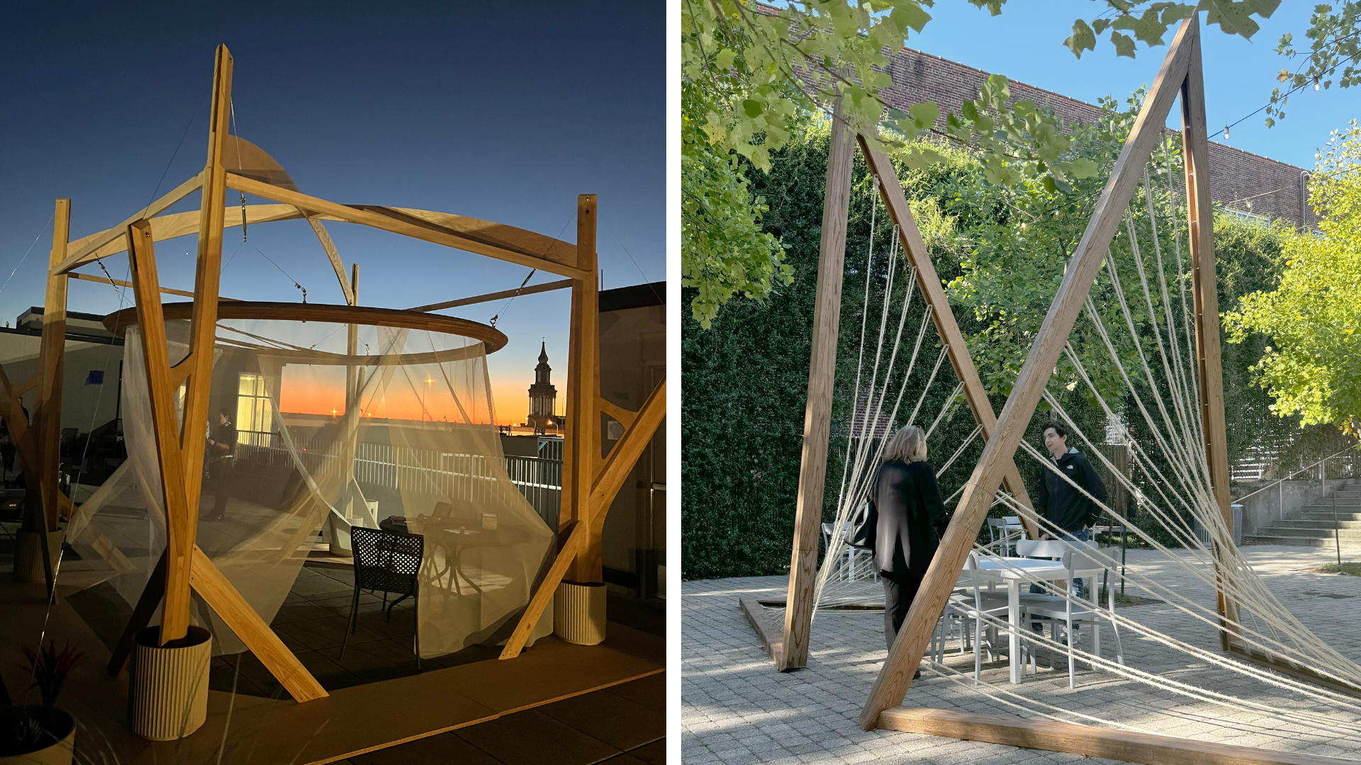 Two photos: rooftop Sukkah 16 design-build at sunset and triangular-shaped sculpture at Tulane's Pocket Park.