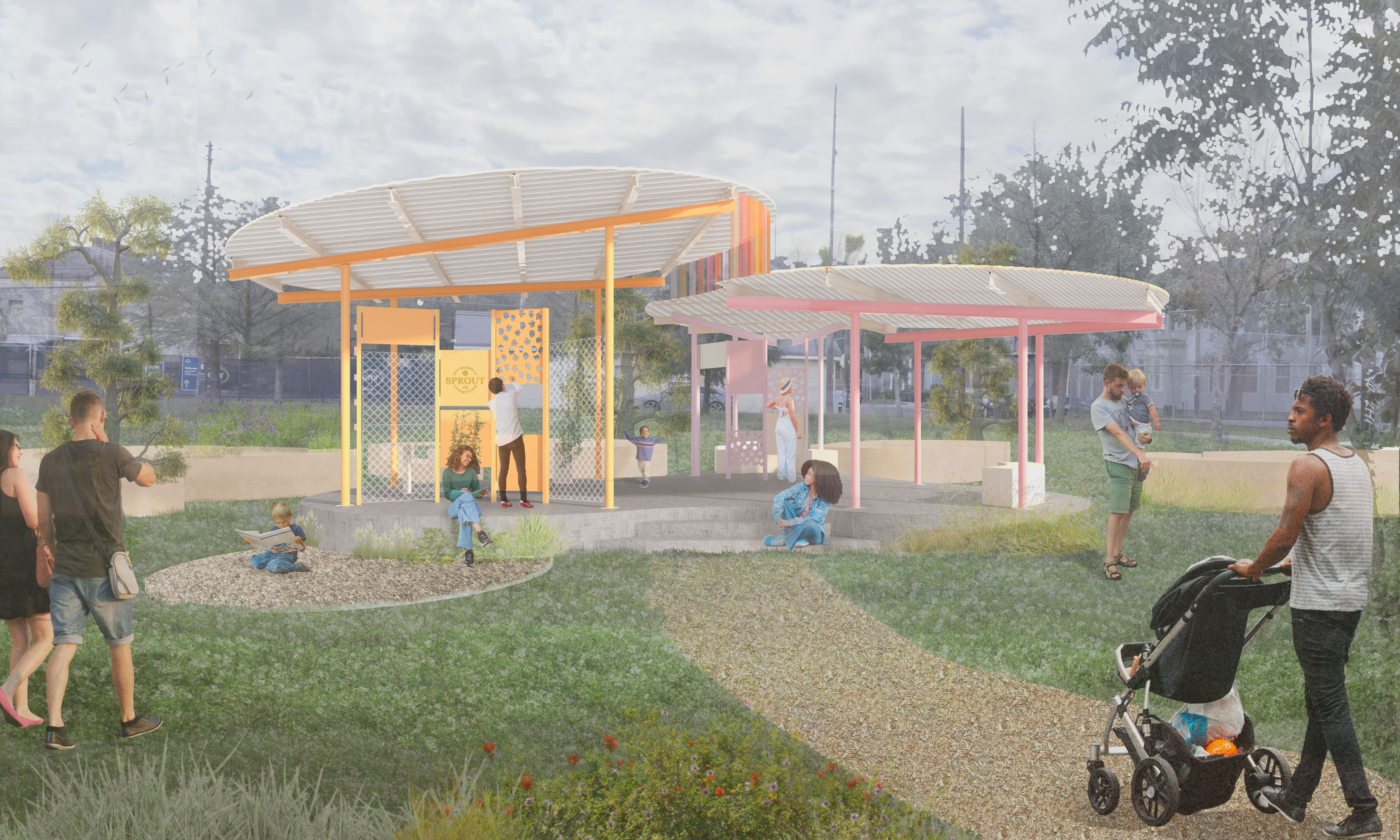 Digital perspective drawing of the sprout house, colorful and outdoors.