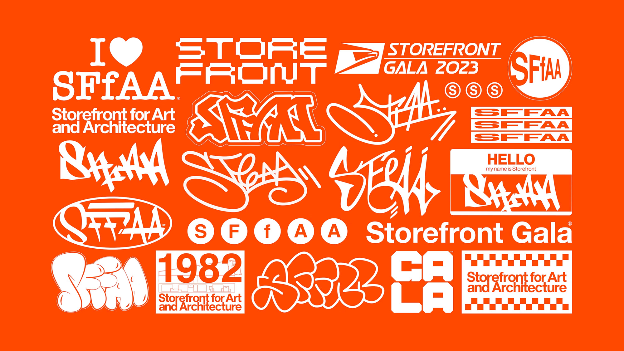Digital graphic design of various designs for the Storefront for Art and Architecture, designed by Natasha Jen of Pentagram.