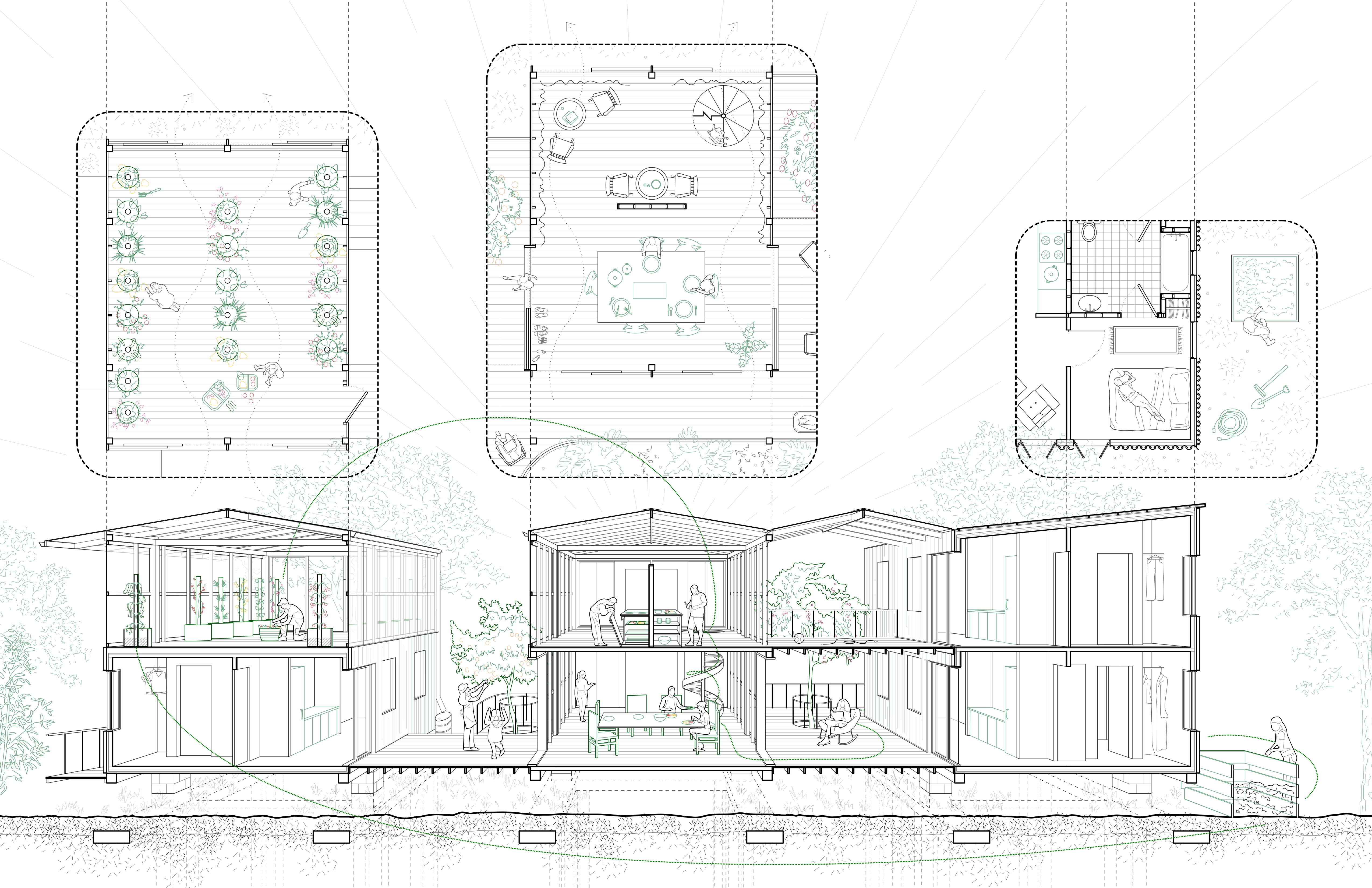 Elevation line drawing of a sustainably built community.