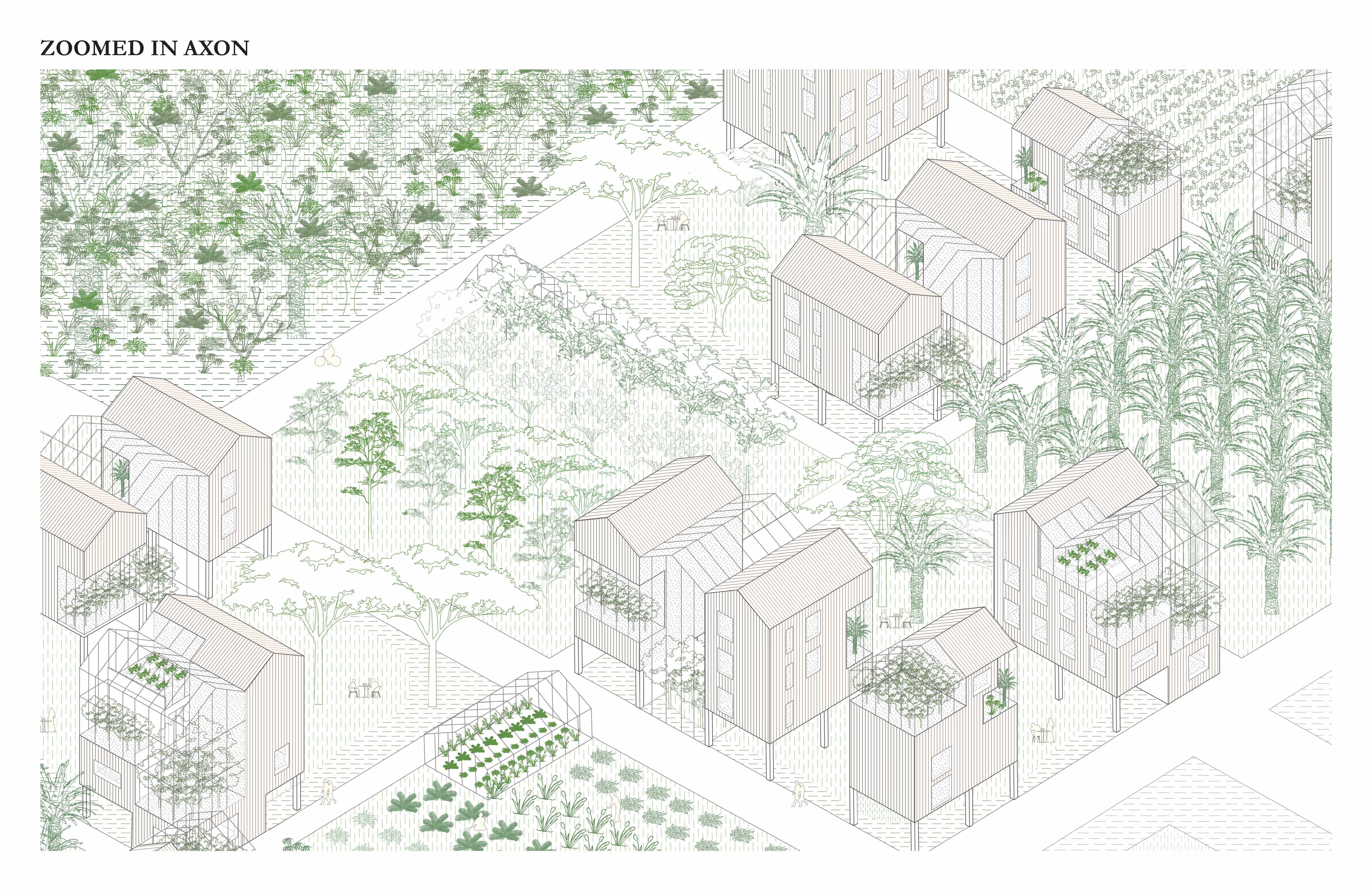 Zoomed in axonometric of a sustainably built community, integrating food and vegetation systems and dwellings.