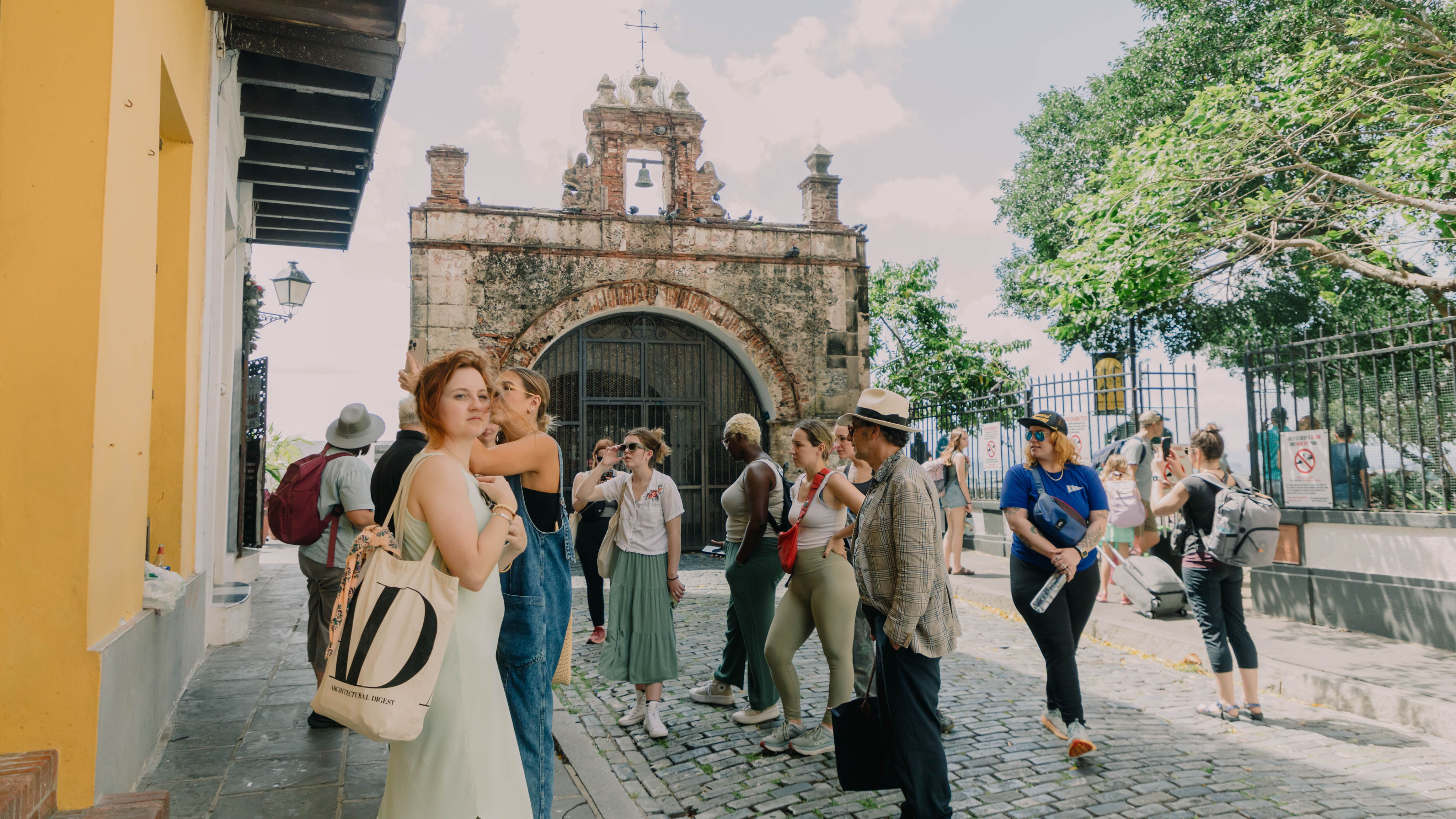 Students stand in a cobblestone street looking at historic buildings and green space around them.