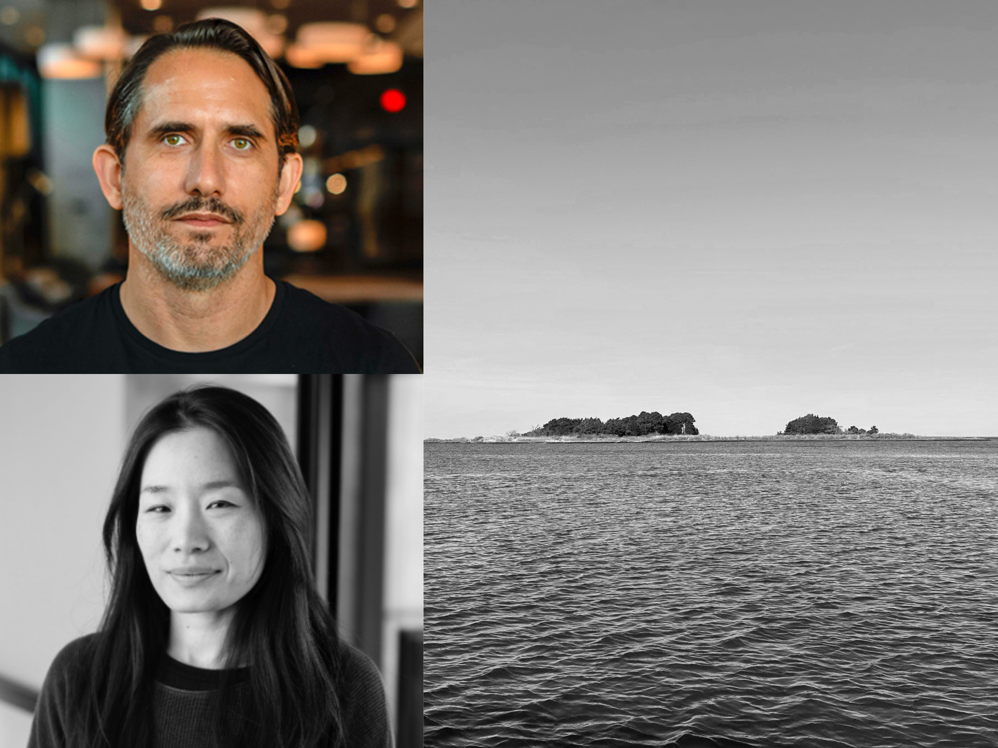 Headshots of Bradley Cantrell and Leena Cho next to a photo of a large body of water with a small landmass in the far background.