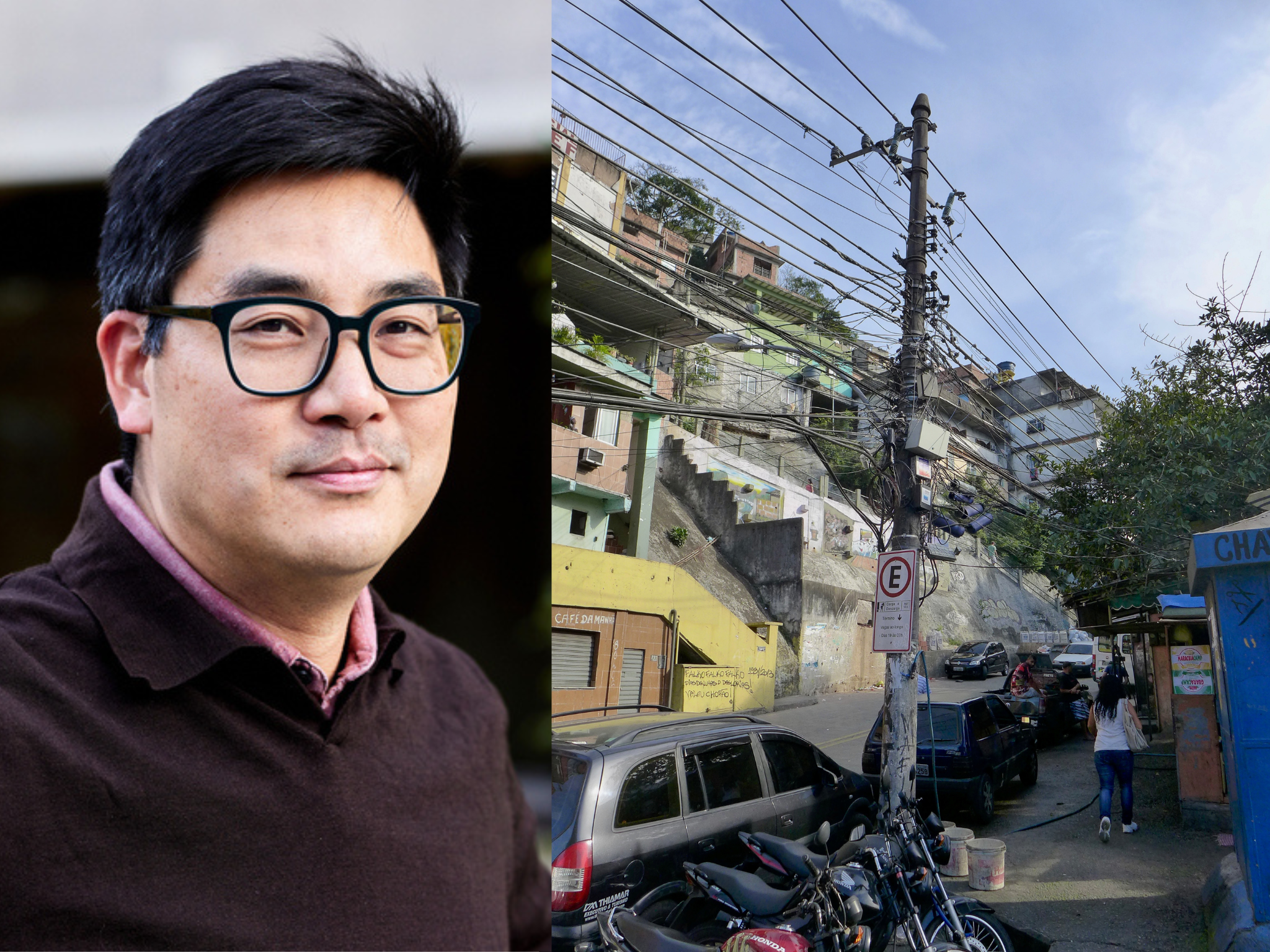 Headshot of Davis Hsu next to a photo of congested urban sidewalk with a powerline covered in lines and connections.
