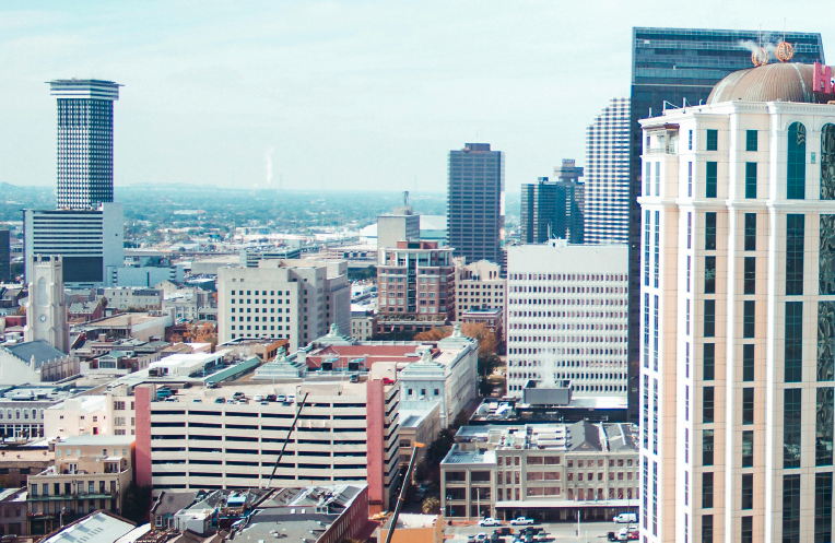 Aerial view of New Orleans' downtown skyline.