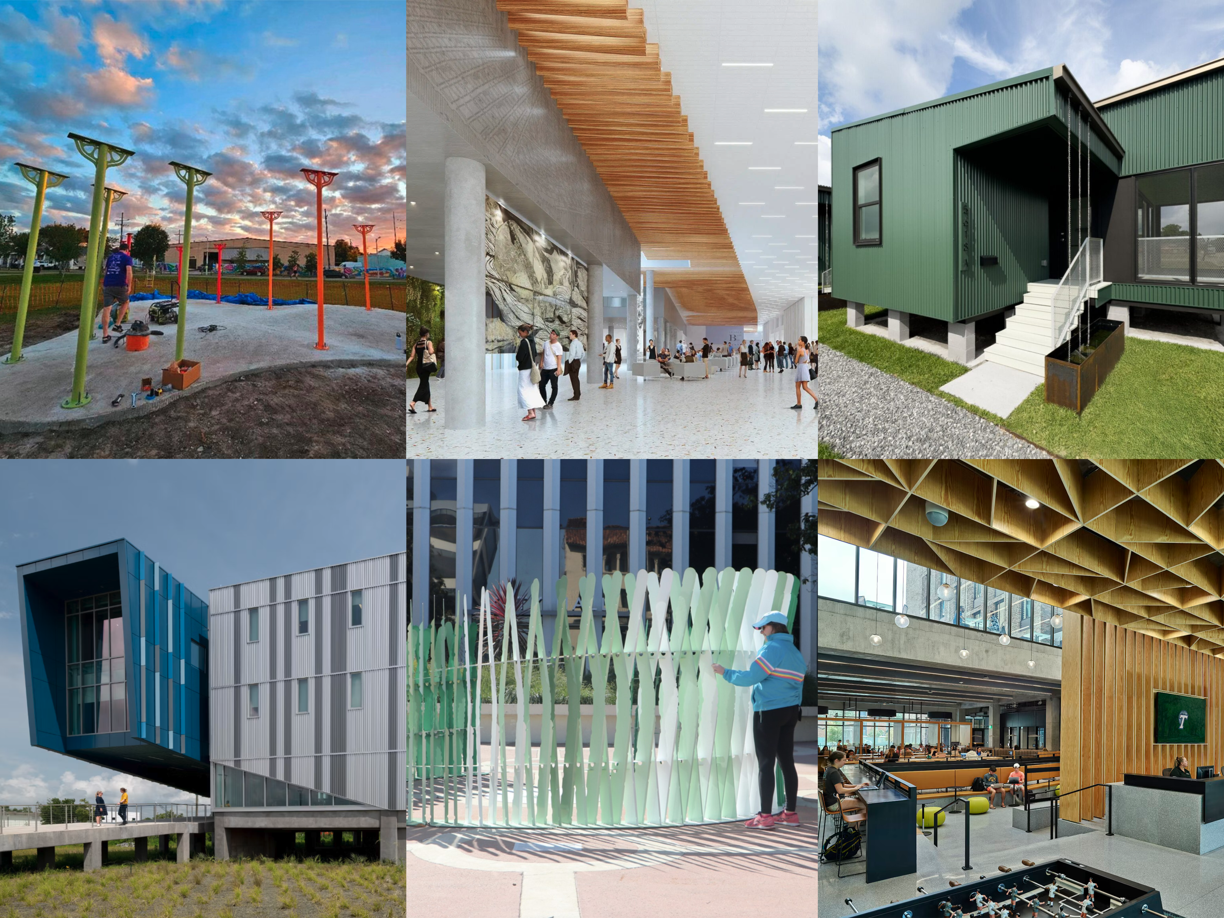 Composite of size images of Tulanian winning designs from the AIA New Orleans 2025 Awards.