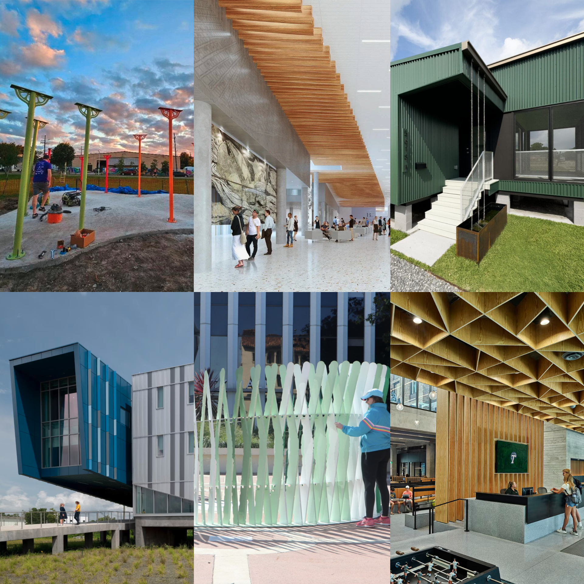 composite of six images of winning Tulanian designs from the AIA New Orleans 2025 Awards.