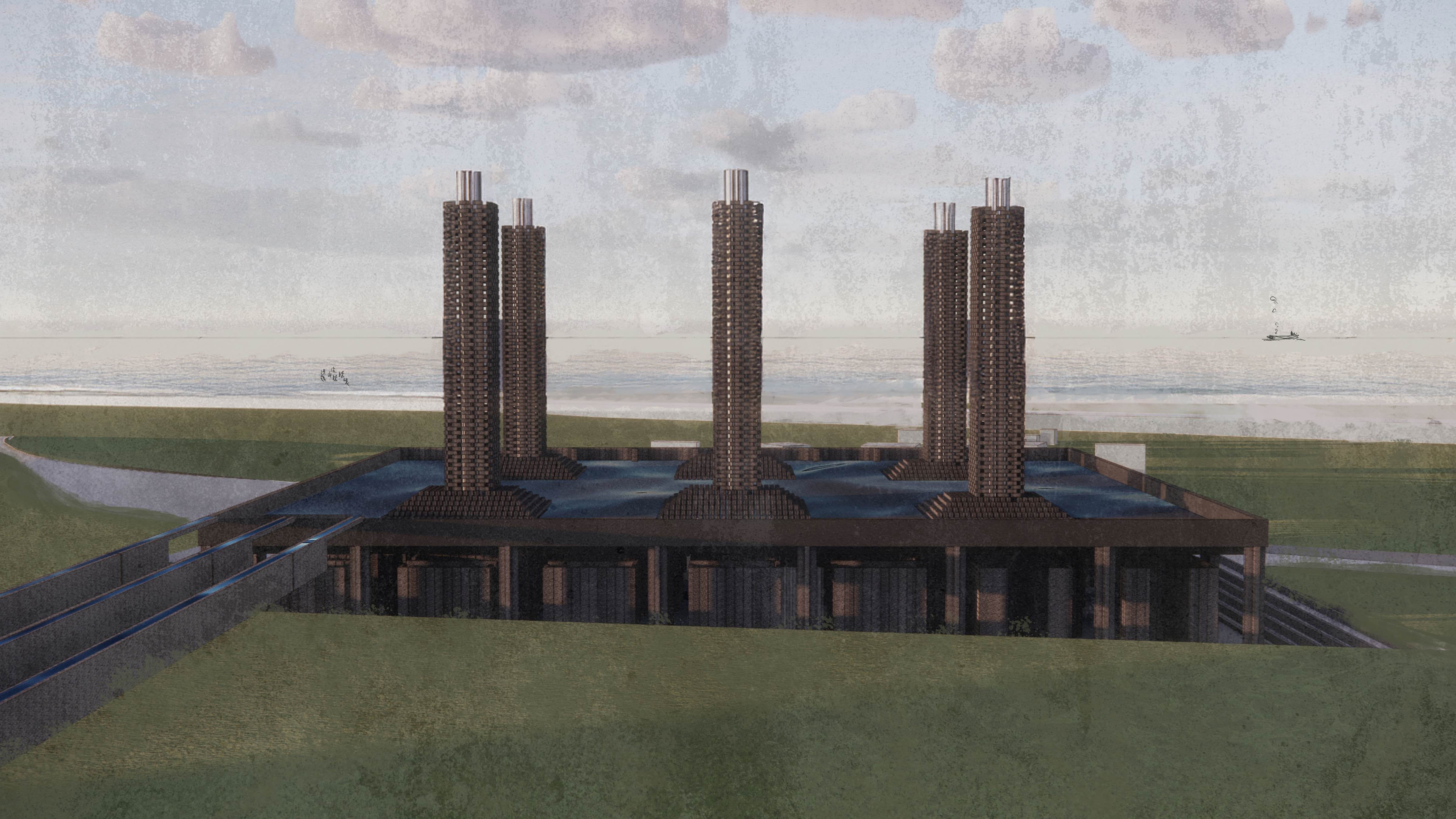 View of the proposed fire station with the beach in the background