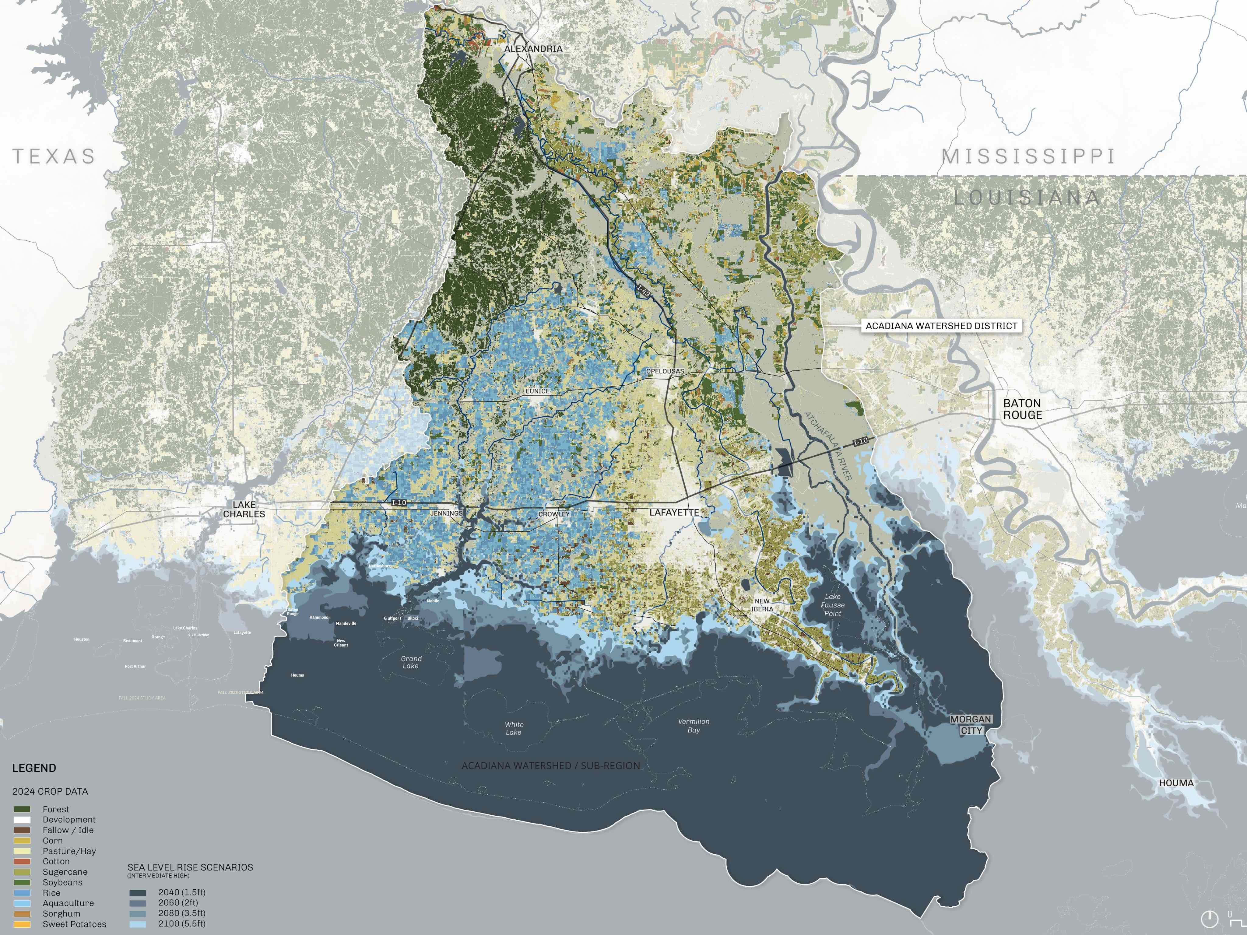 Map of Southeastern Louisiana revealing various features