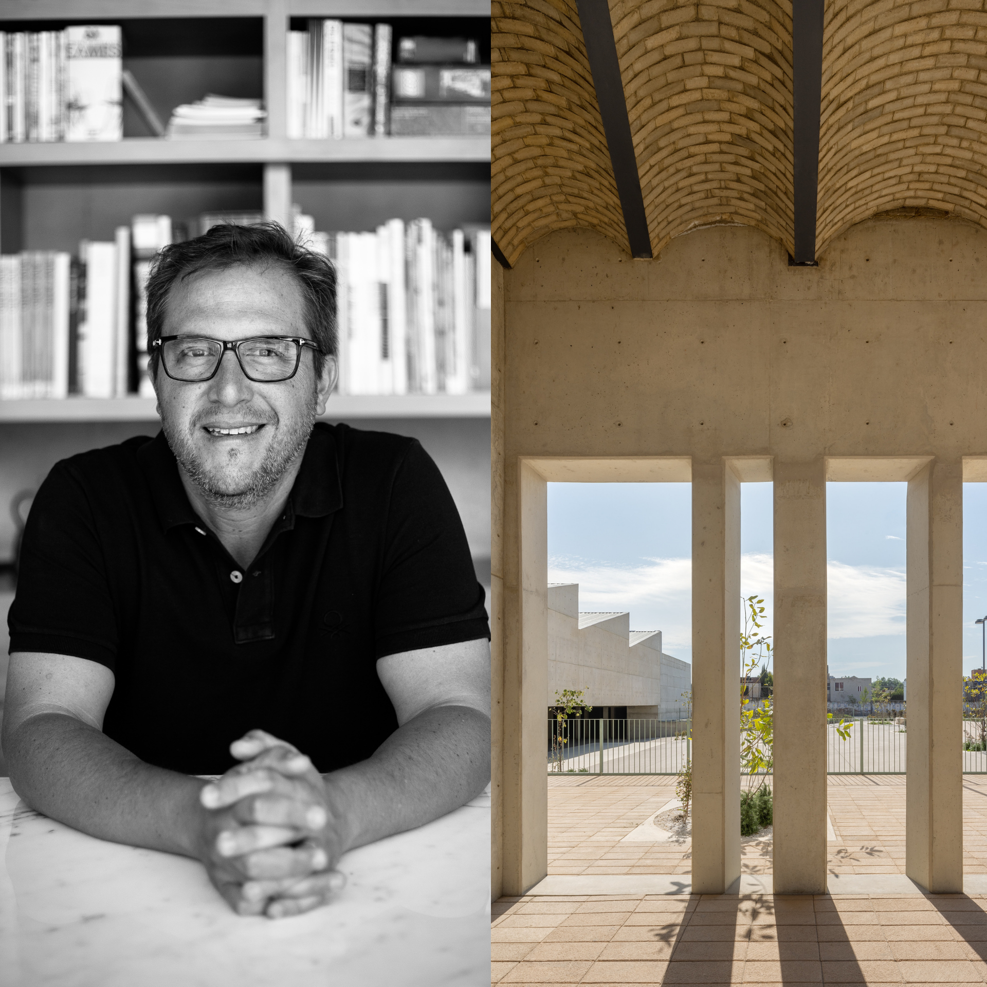 Headshot of Juan Alfonso Garduño Jardón and photo of a stone plaza.