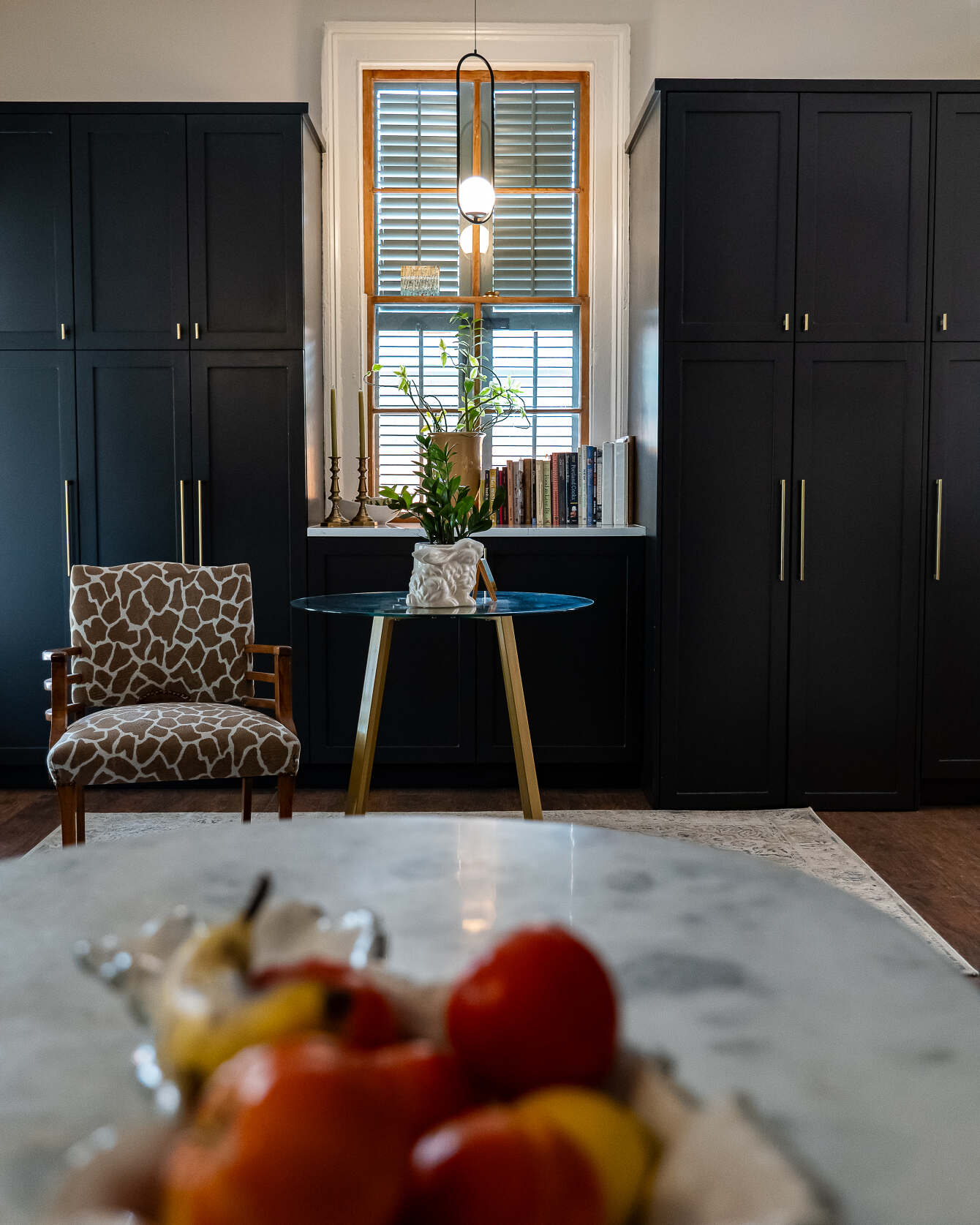 Interior view of a custom-built in cabinet system in a home.
