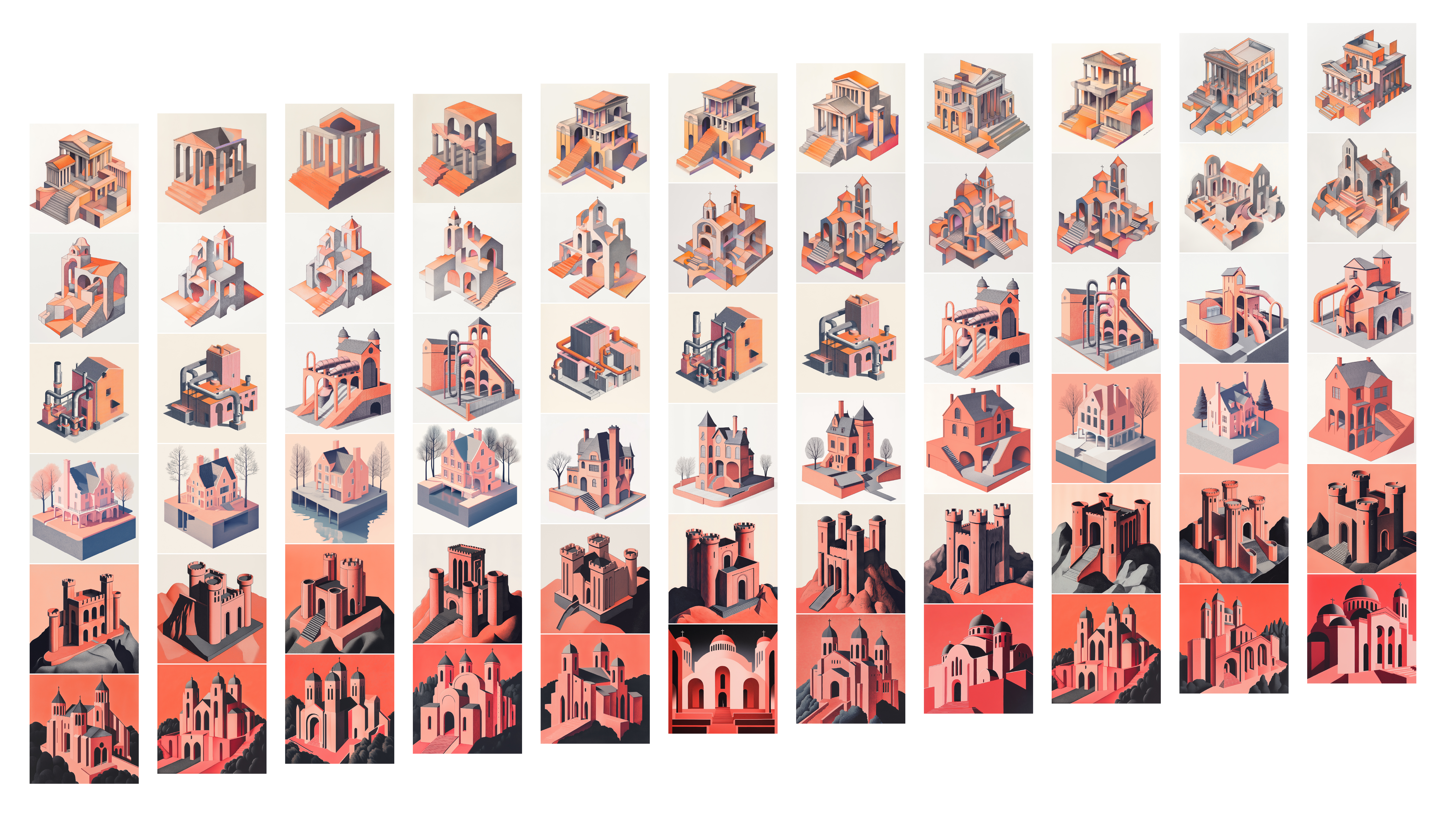 Image of exhibition with multiple images of red houses