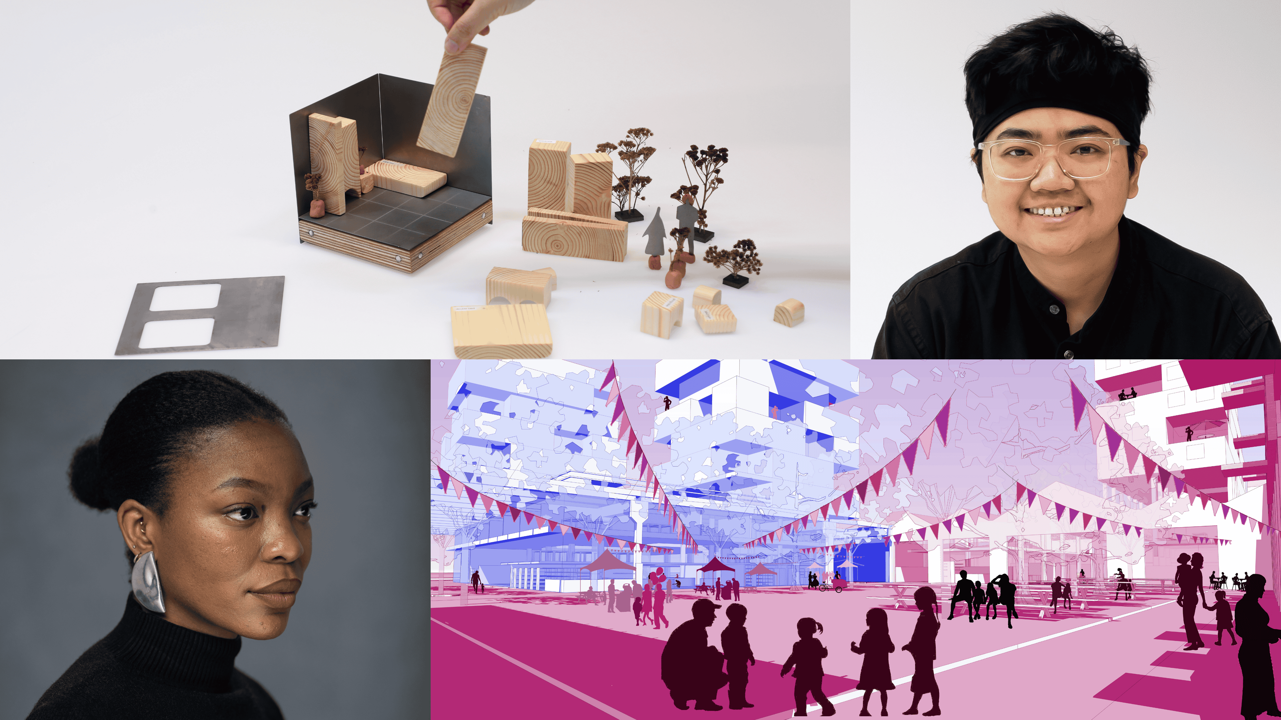 Headshots of Lumina Baptista and Nhung Pham and two images showing their work.