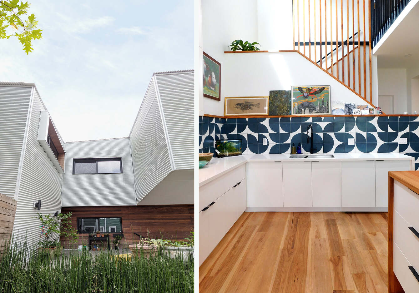 Two photos of a modern style home: an exterior view of a courtyard looking up and the other an interior view of the kitchen with an exposed staircase in the background.