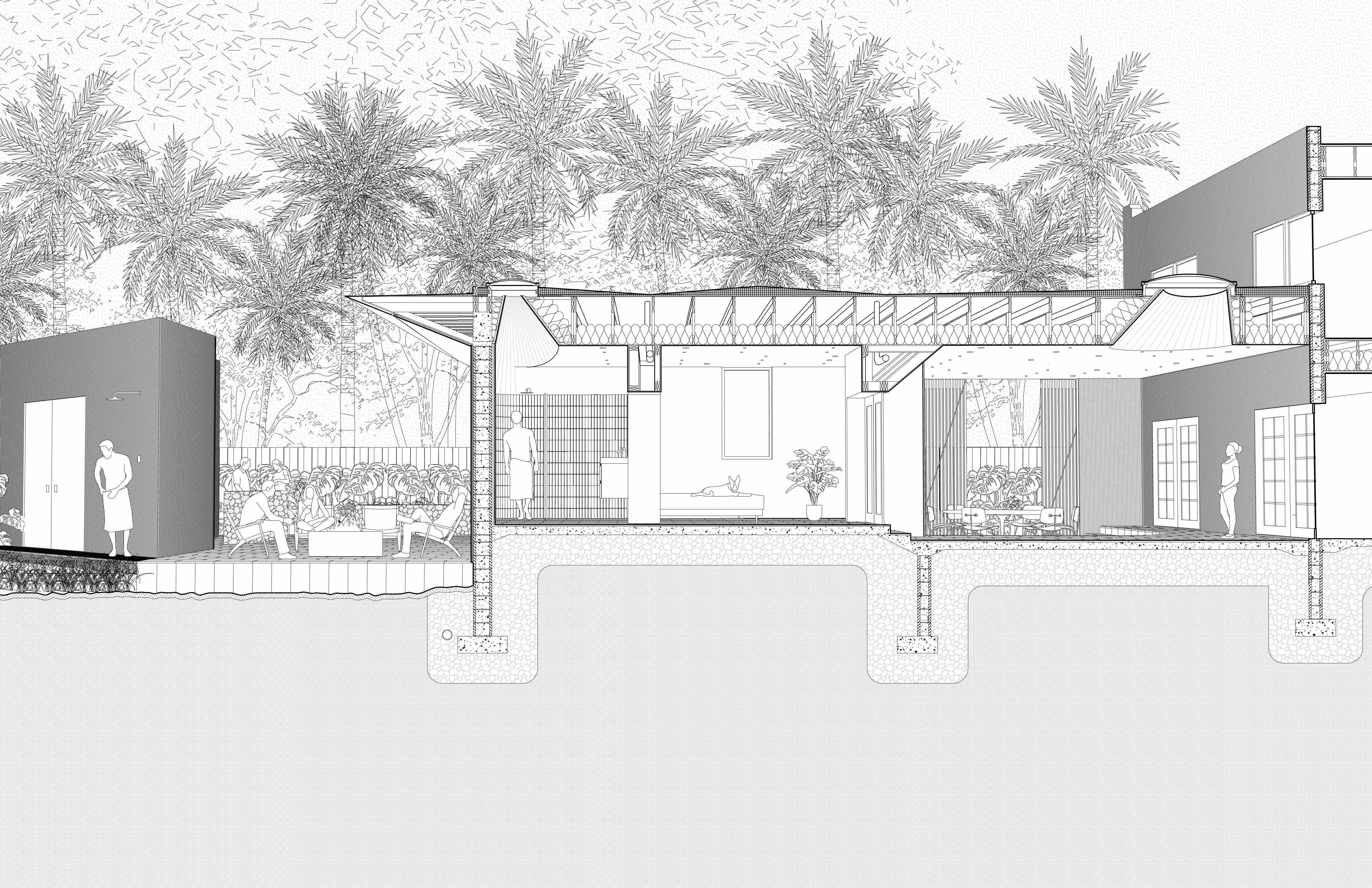 Exterior diagram of AIA winner by Atelier Mey detailing porch