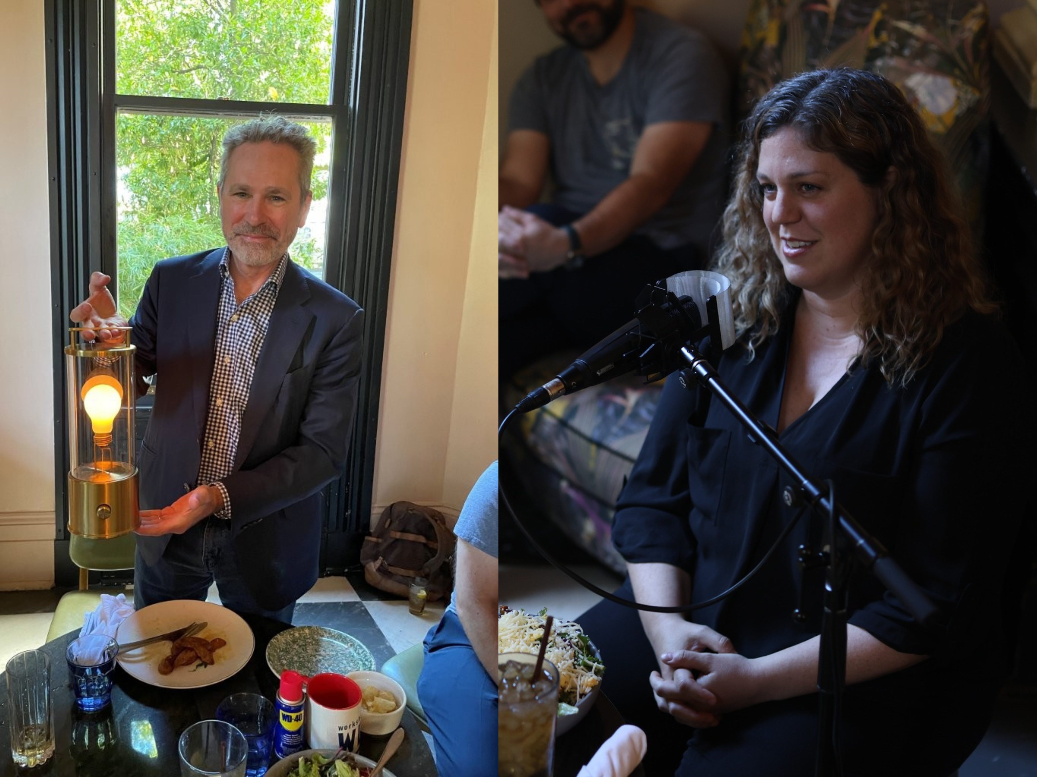 A split screen image of Anthony Robins and Jessica Walker on Out to Lunch